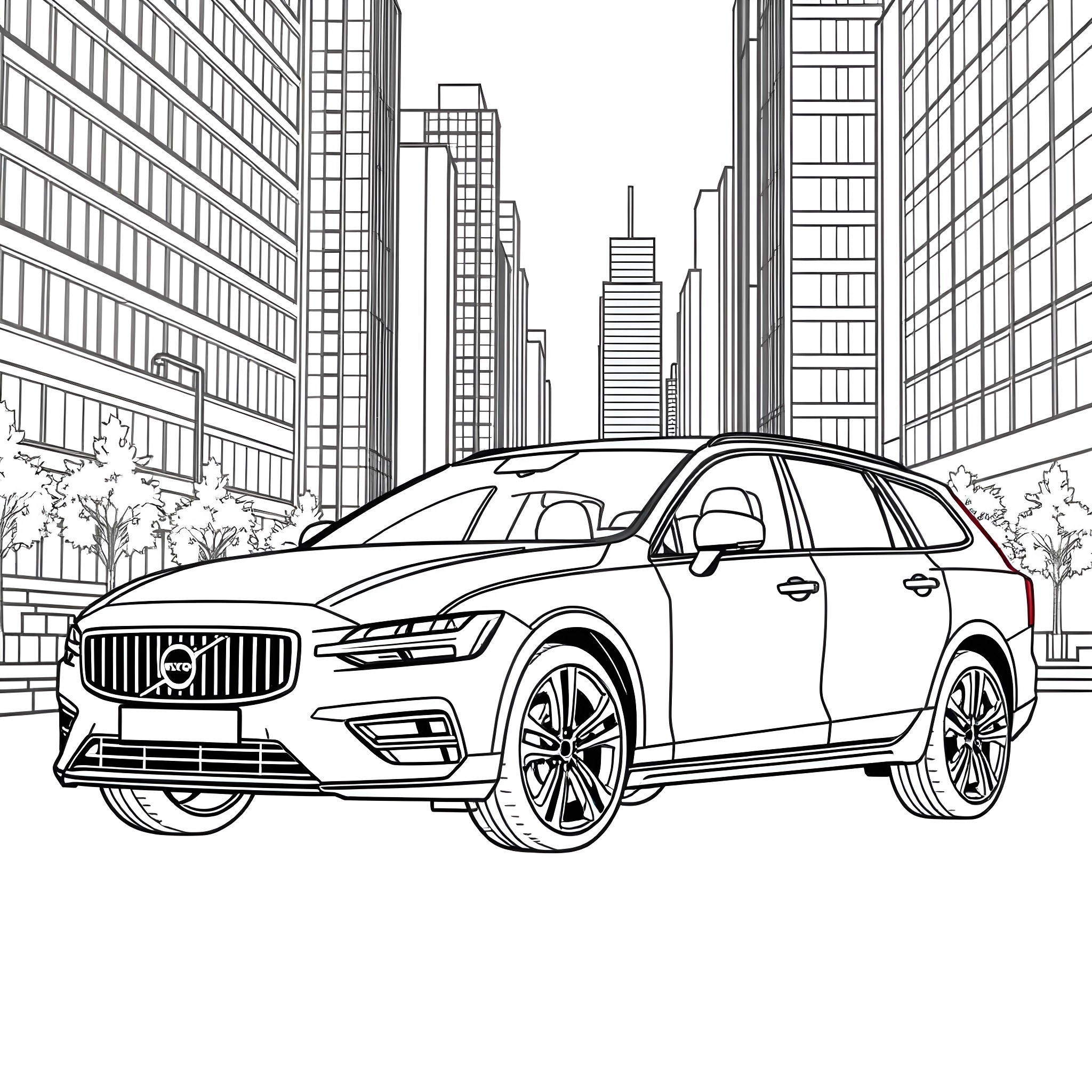 Volvo V60 in the city Coloring Page (free black-and-white line drawing printable PDF for all, from beginners to advanced learners, including children, teens, adults, and seniors)
