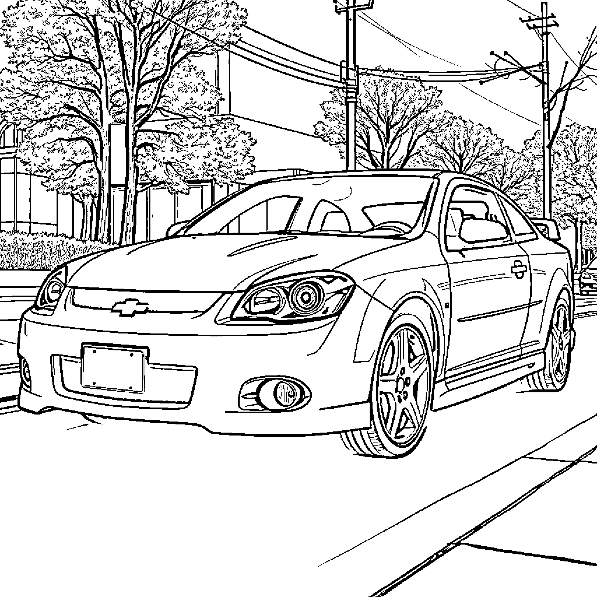 Chevy compact car on urban street Coloring Page (free black-and-white line drawing printable PDF for all, from beginners to advanced learners, including children, teens, adults, and seniors)
