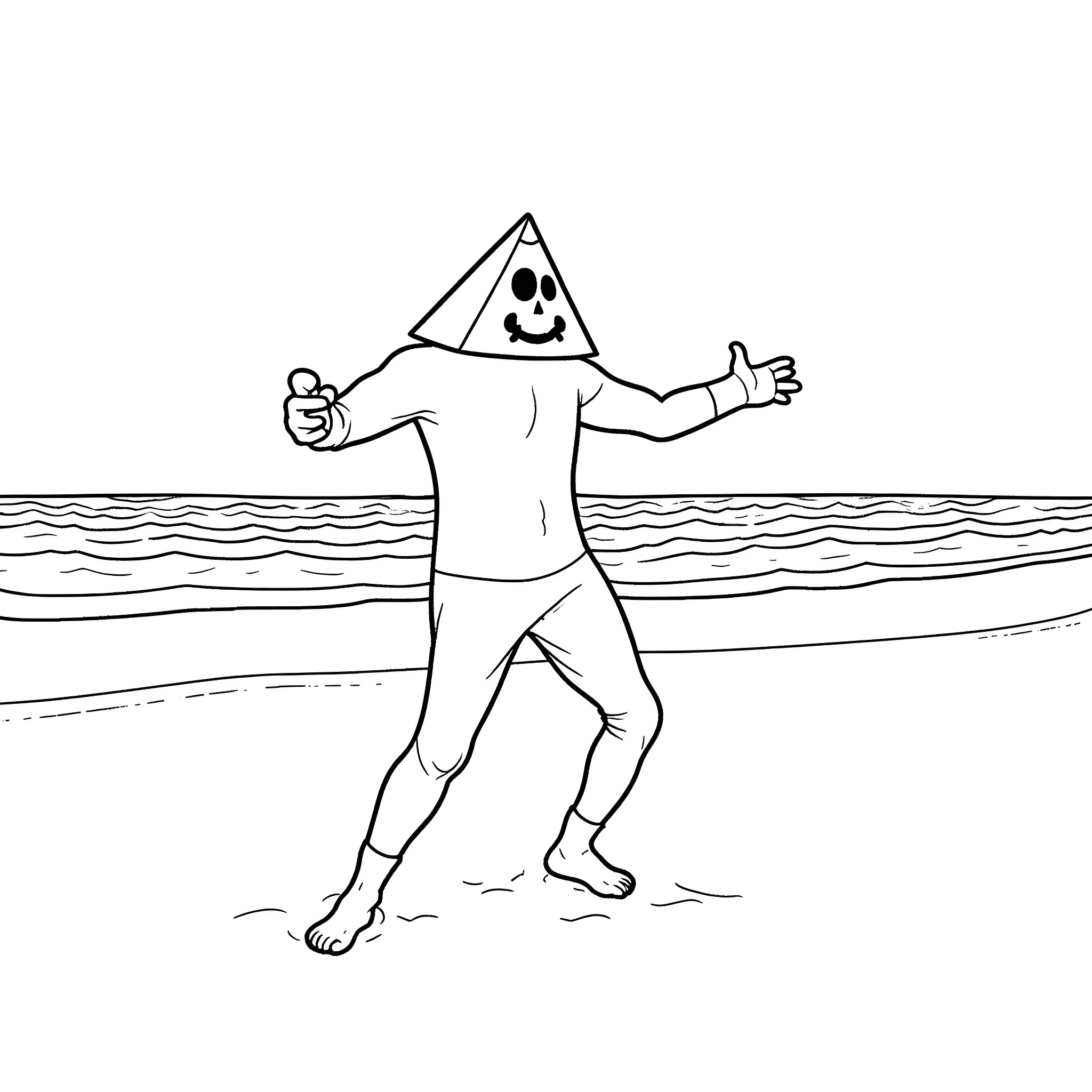 Pyramid Head swimming joyfully in the waves Coloring Page (free black-and-white line drawing printable PDF for all, from beginners to advanced learners, including children, teens, adults, and seniors)