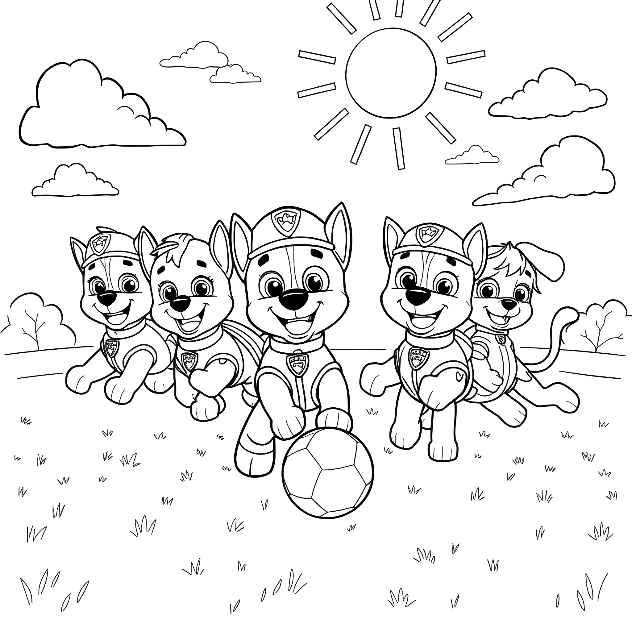Paw Patrol pups playing with a soccer ball in a sunny field Coloring Page (free black-and-white line drawing printable PDF for all, from beginners to advanced learners, including children, teens, adults, and seniors)