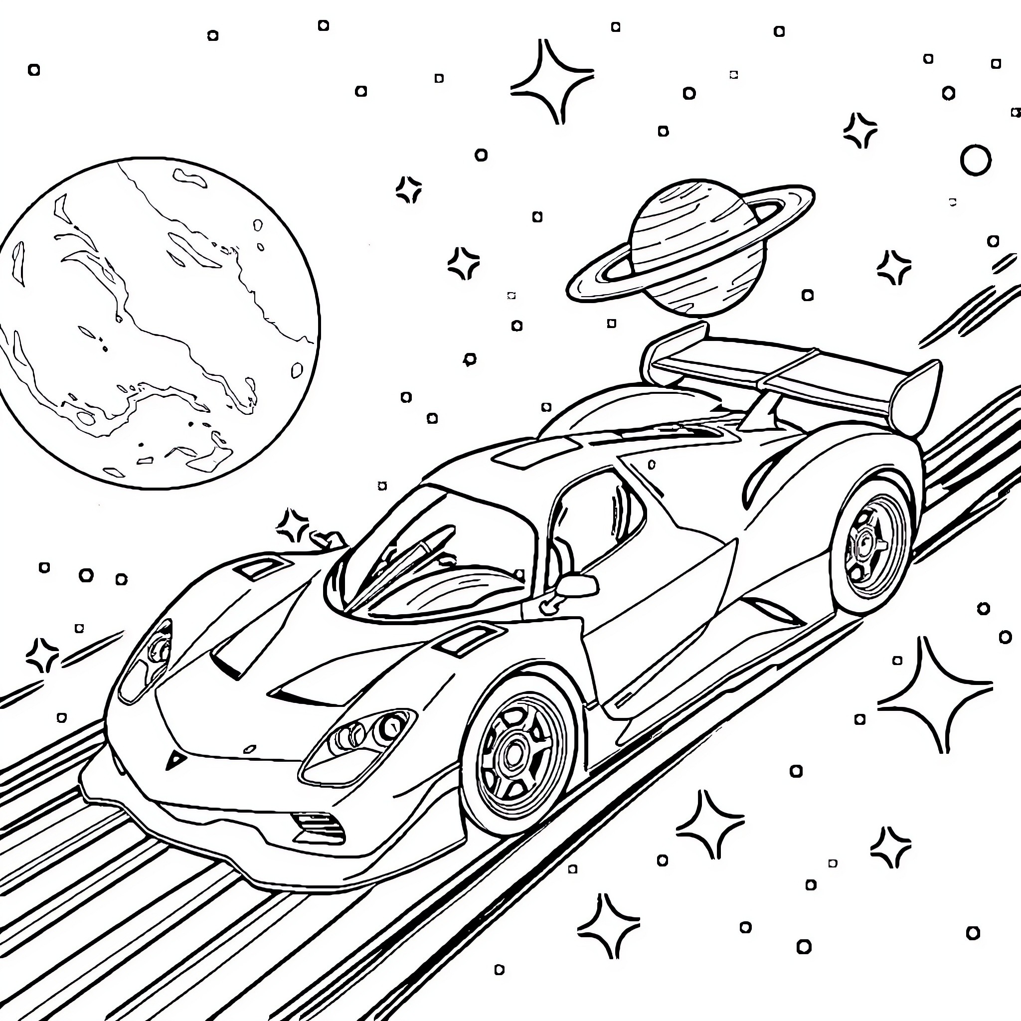 Racecar through cosmic space Coloring Page (free black-and-white line drawing printable PDF for all, from beginners to advanced learners, including children, teens, adults, and seniors)