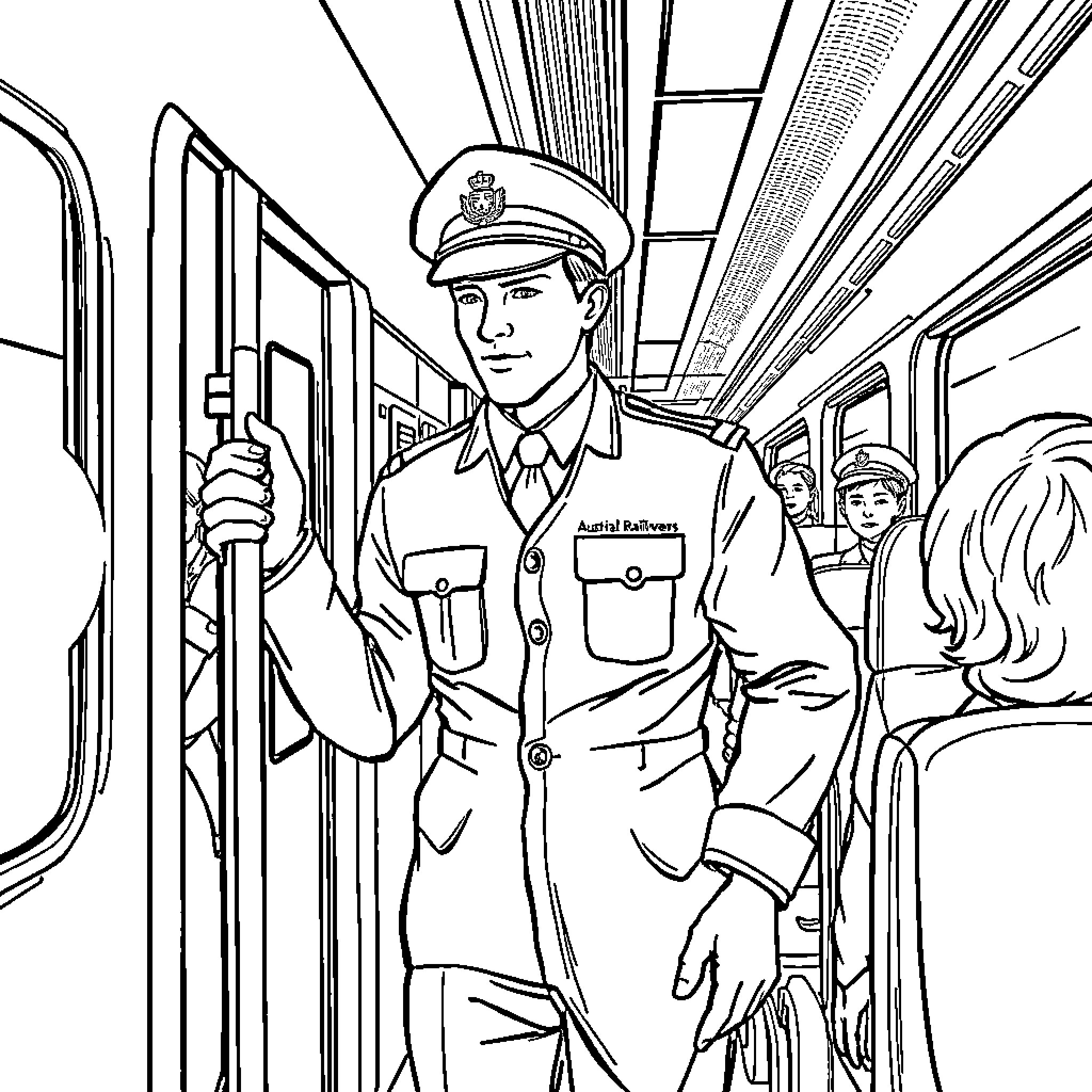 Train Attendant Assisting Passengers in Train Car Coloring Page (free black-and-white line drawing printable PDF for all, from beginners to advanced learners, including children, teens, adults, and seniors)