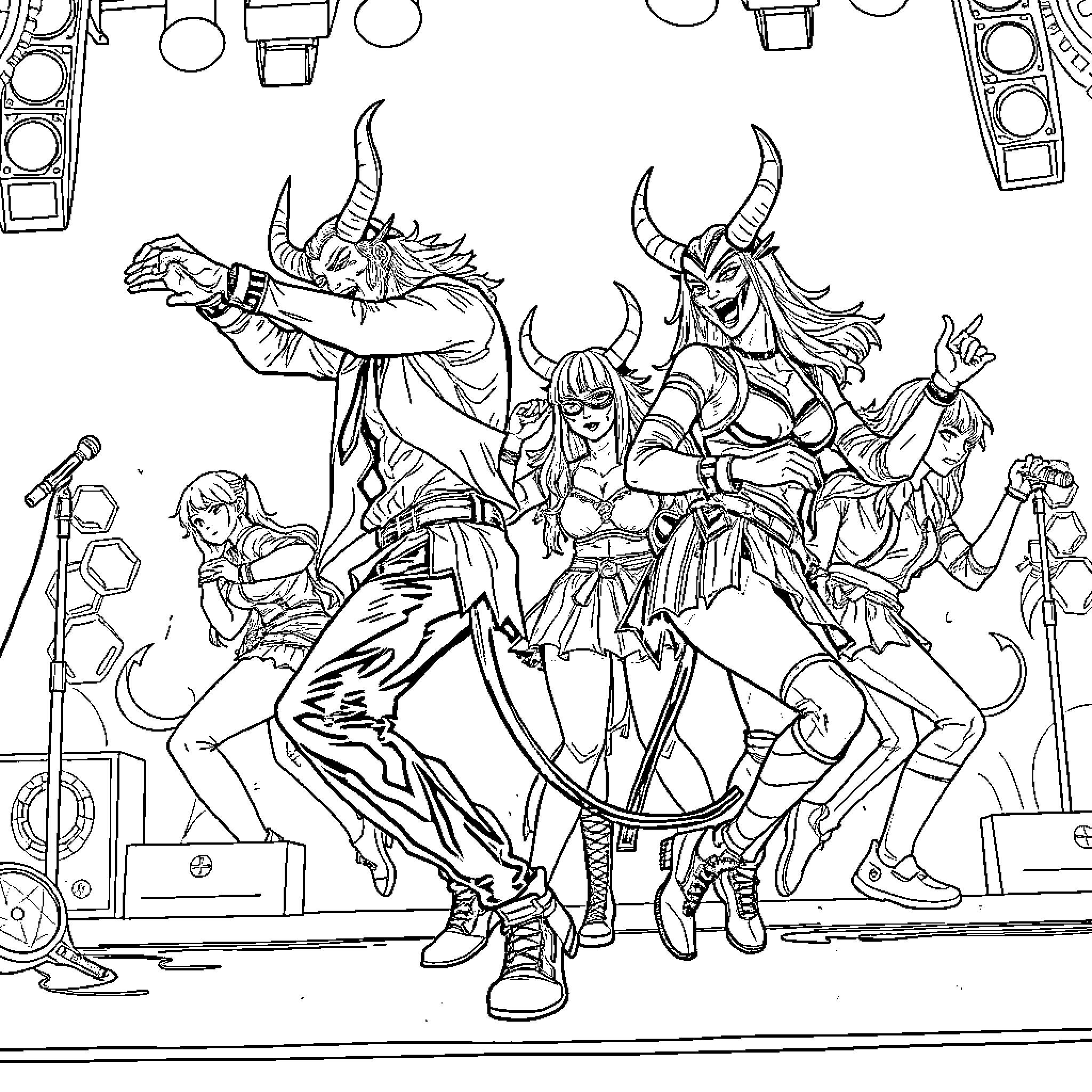 Demon Hunter Ensemble on Stage Coloring Page (free black-and-white line drawing printable PDF for all, from beginners to advanced learners, including children, teens, adults, and seniors)
