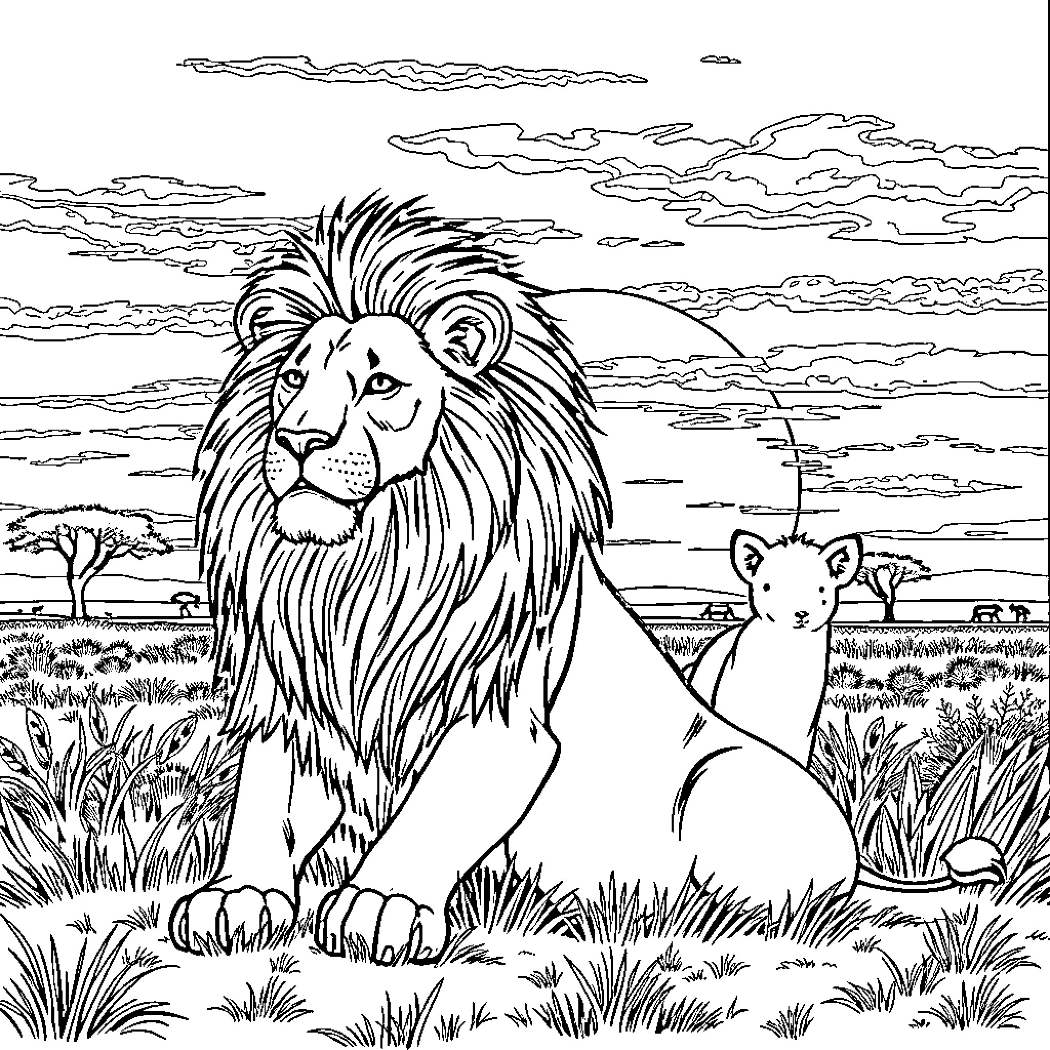 Lion surveying its kingdom in the wild savanna Coloring Page (free black-and-white line drawing printable PDF for all, from beginners to advanced learners, including children, teens, adults, and seniors)