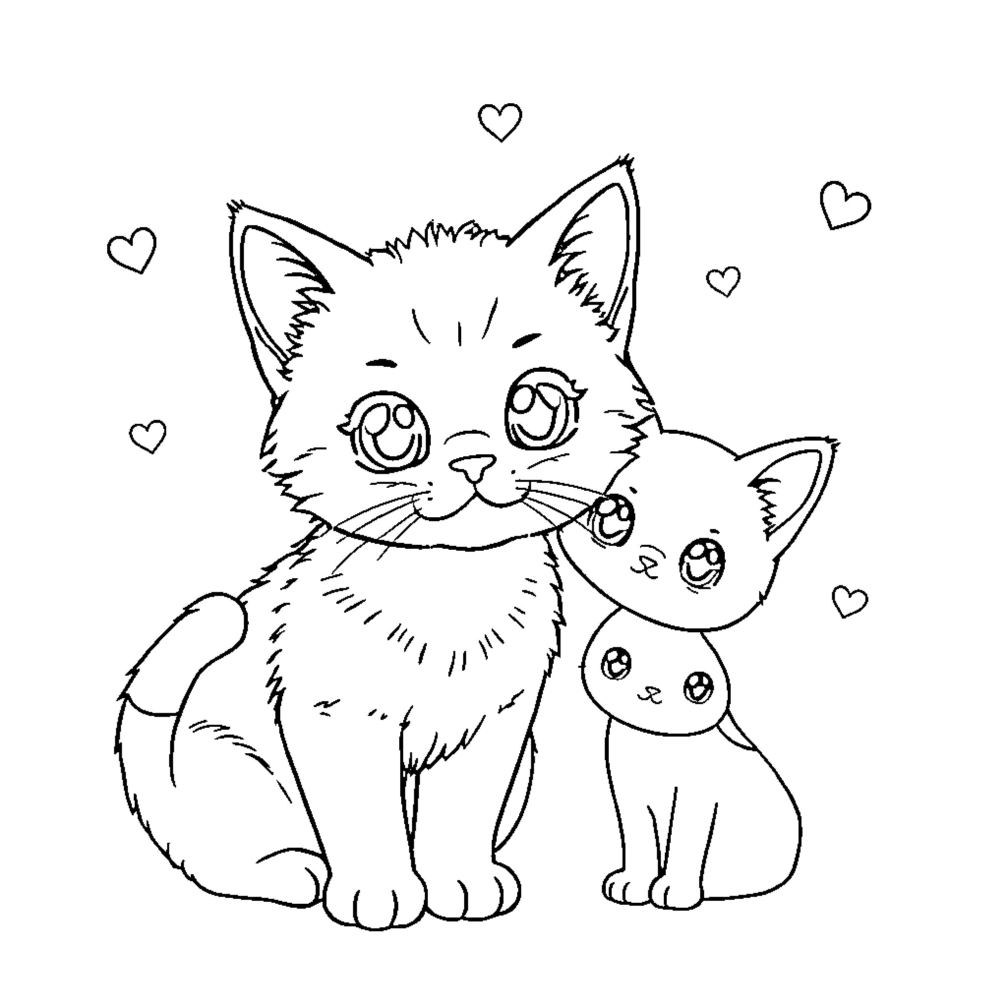 Cat family with hearts Coloring Page (free black-and-white line drawing printable PDF for all, from beginners to advanced learners, including children, teens, adults, and seniors)