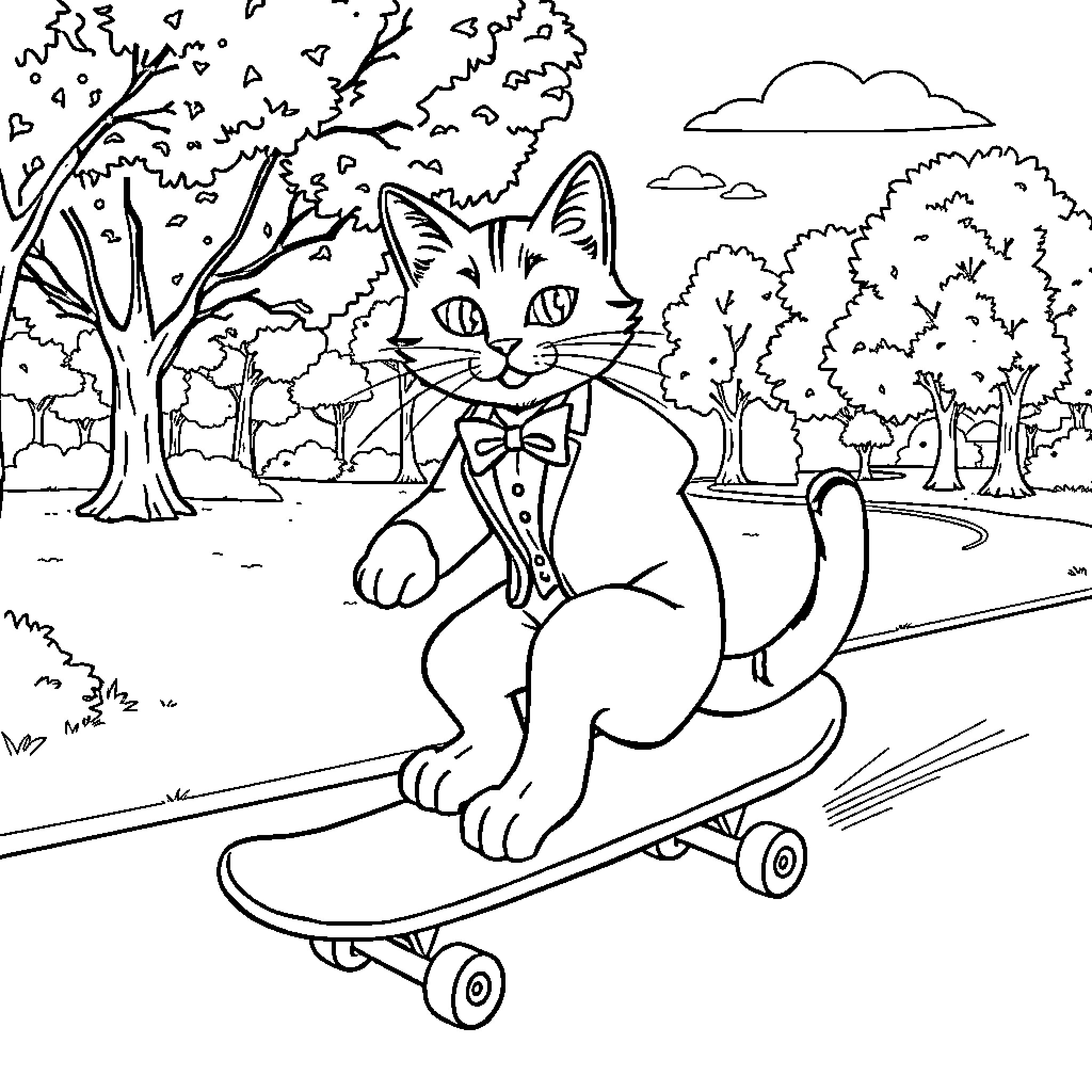 Tuxedo Cat riding a skateboard in the park Coloring Page (free black-and-white line drawing printable PDF for all, from beginners to advanced learners, including children, teens, adults, and seniors)