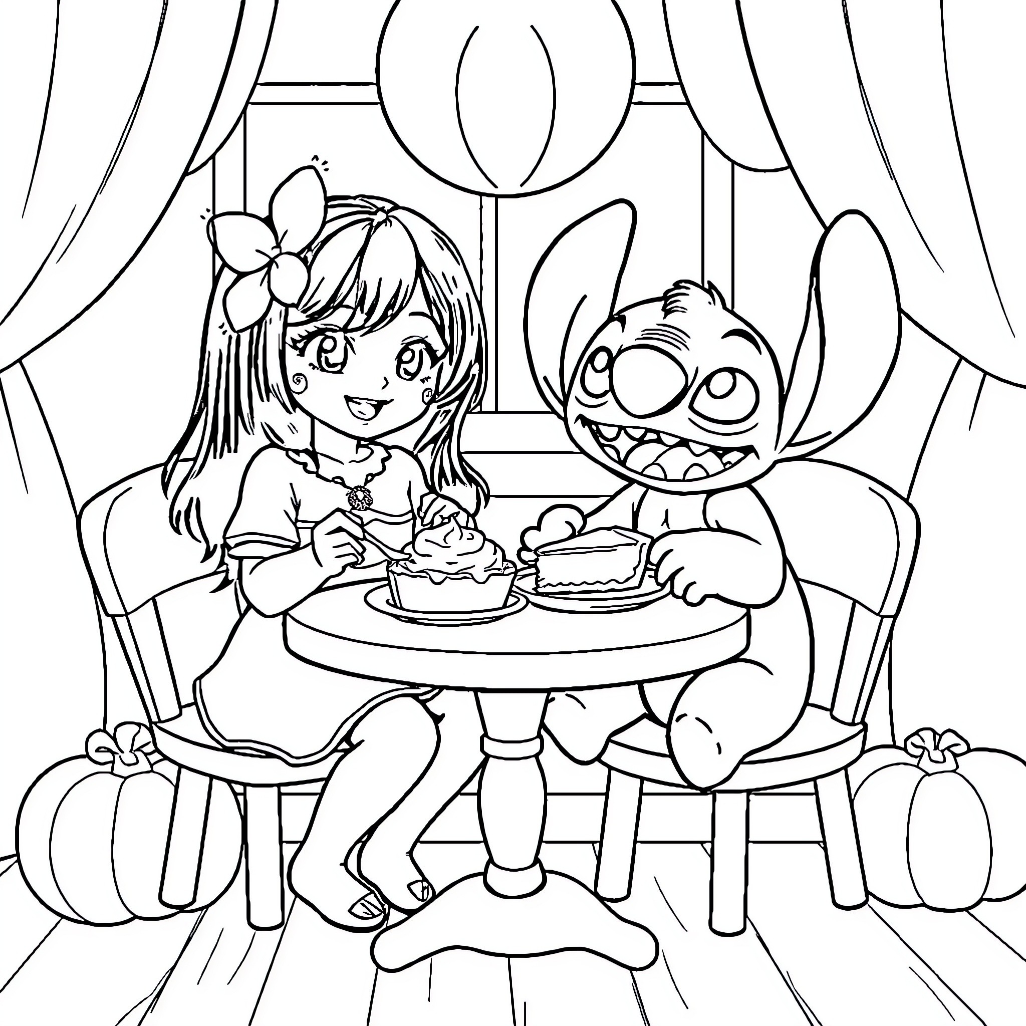 Kuromi and Stitch Enjoying Desserts Coloring Page (free black-and-white line drawing printable PDF for all, from beginners to advanced learners, including children, teens, adults, and seniors)