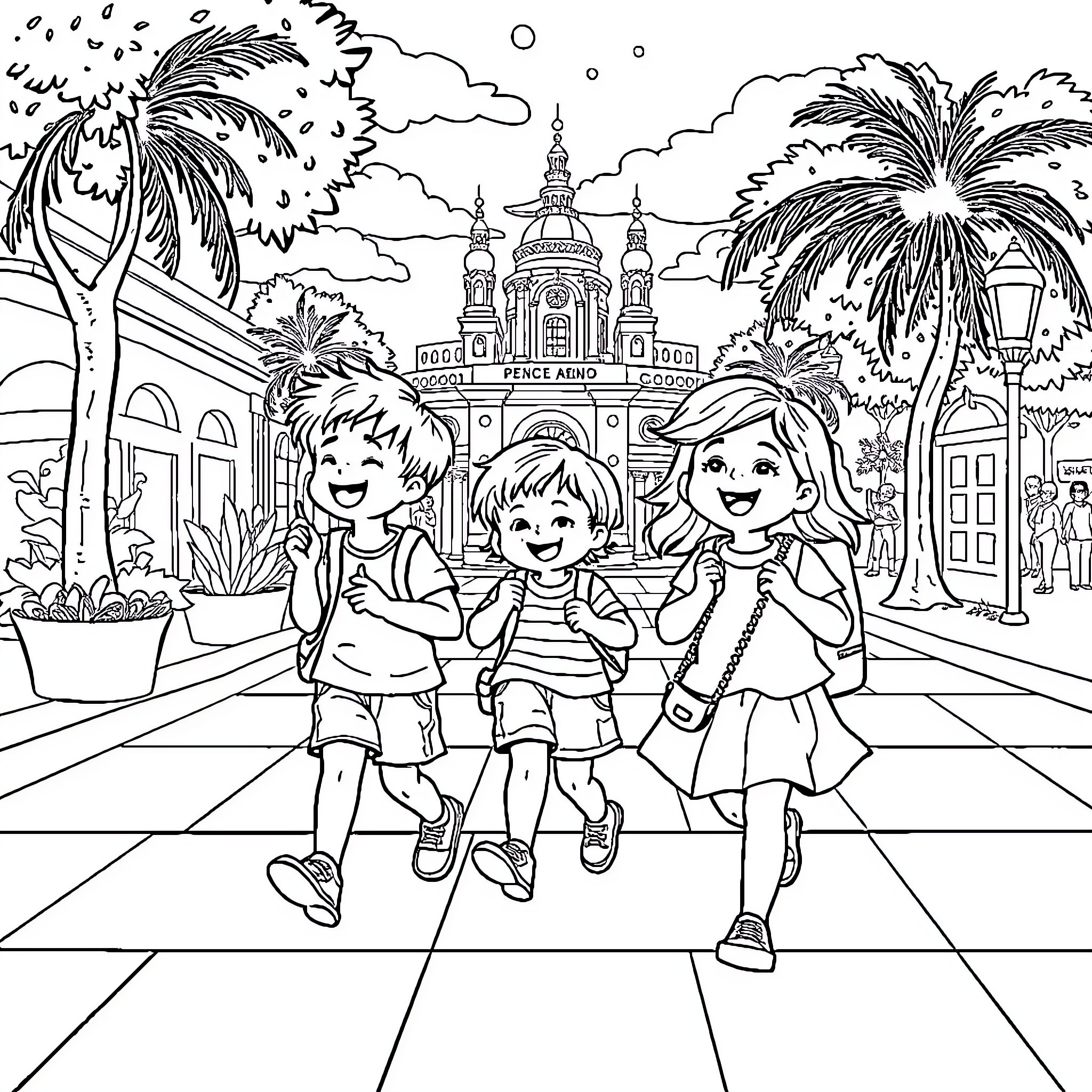 Child Exploring a Vibrant City Street Coloring Page (free black-and-white line drawing printable PDF for all, from beginners to advanced learners, including children, teens, adults, and seniors)