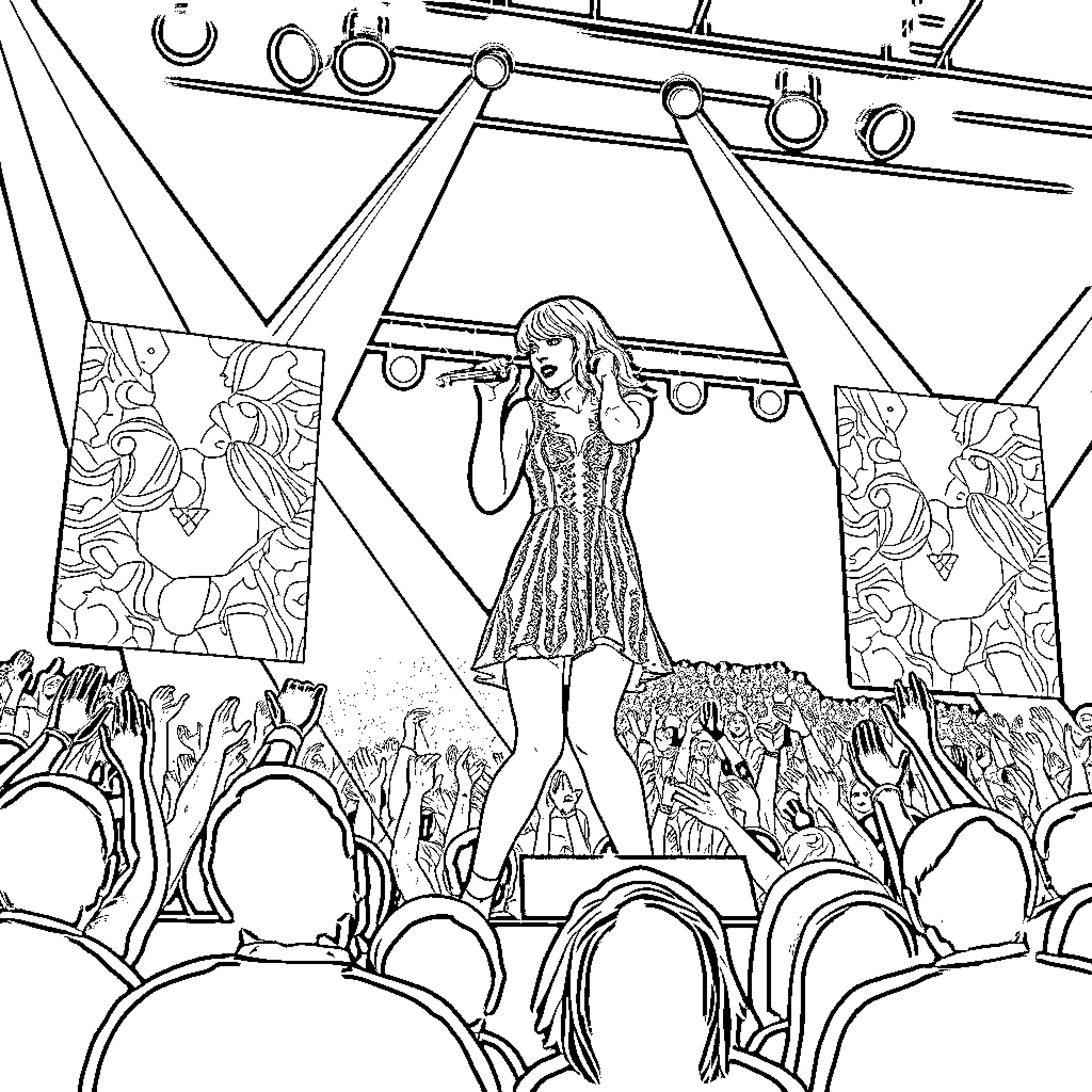 Taylor Swift performing on stage for adoring crowd Coloring Page (free black-and-white line drawing printable PDF for all, from beginners to advanced learners, including children, teens, adults, and seniors)