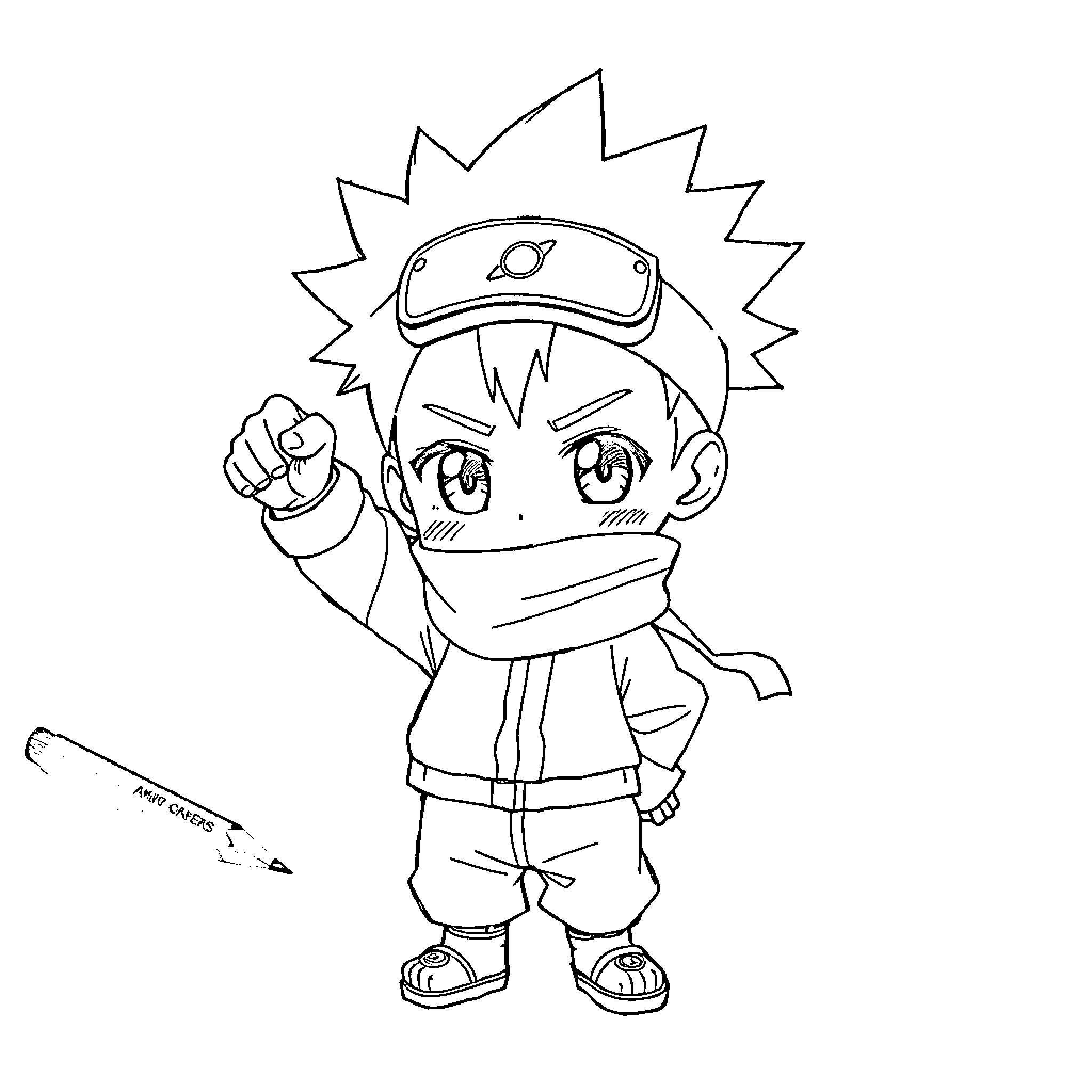 Chibi Boy in Ninja Gear with Determined Expression Coloring Page (free black-and-white line drawing printable PDF for all, from beginners to advanced learners, including children, teens, adults, and seniors)