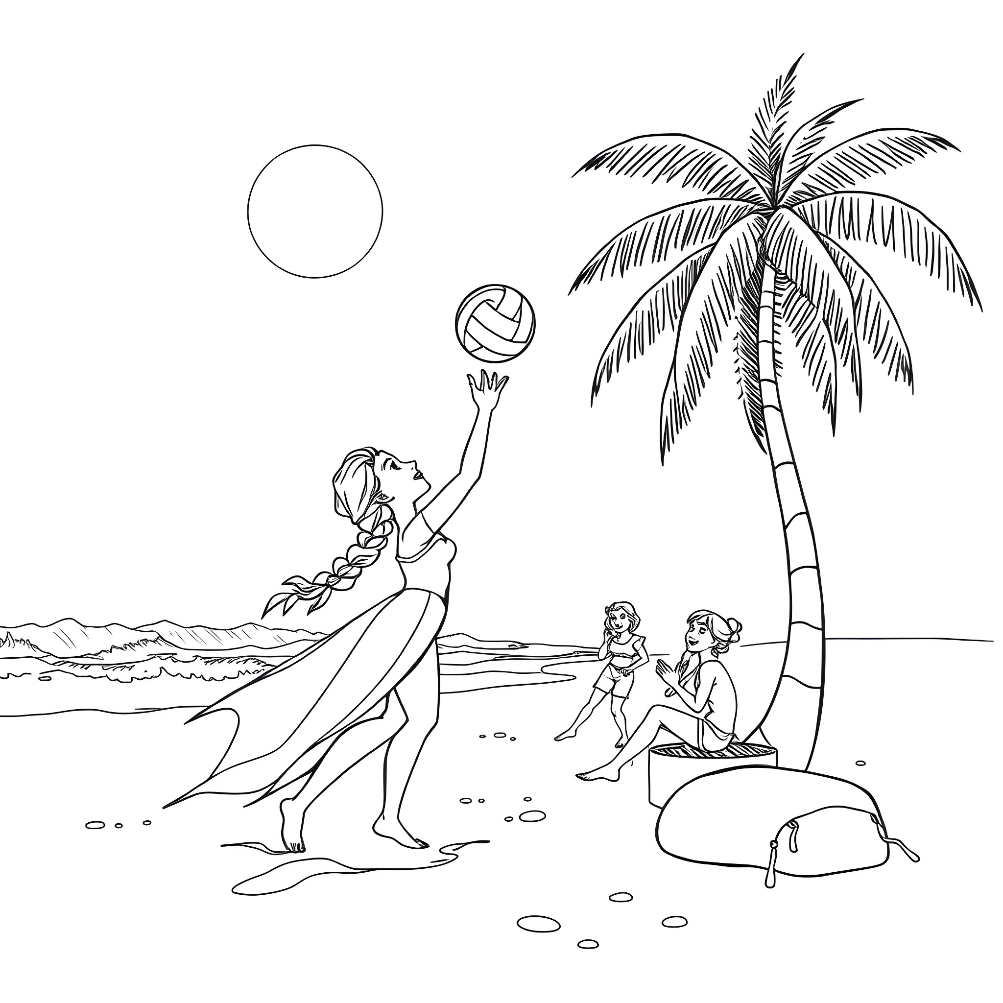 Elsa playing volleyball on the beach with friends Coloring Page (free black-and-white line drawing printable PDF for all, from beginners to advanced learners, including children, teens, adults, and seniors)