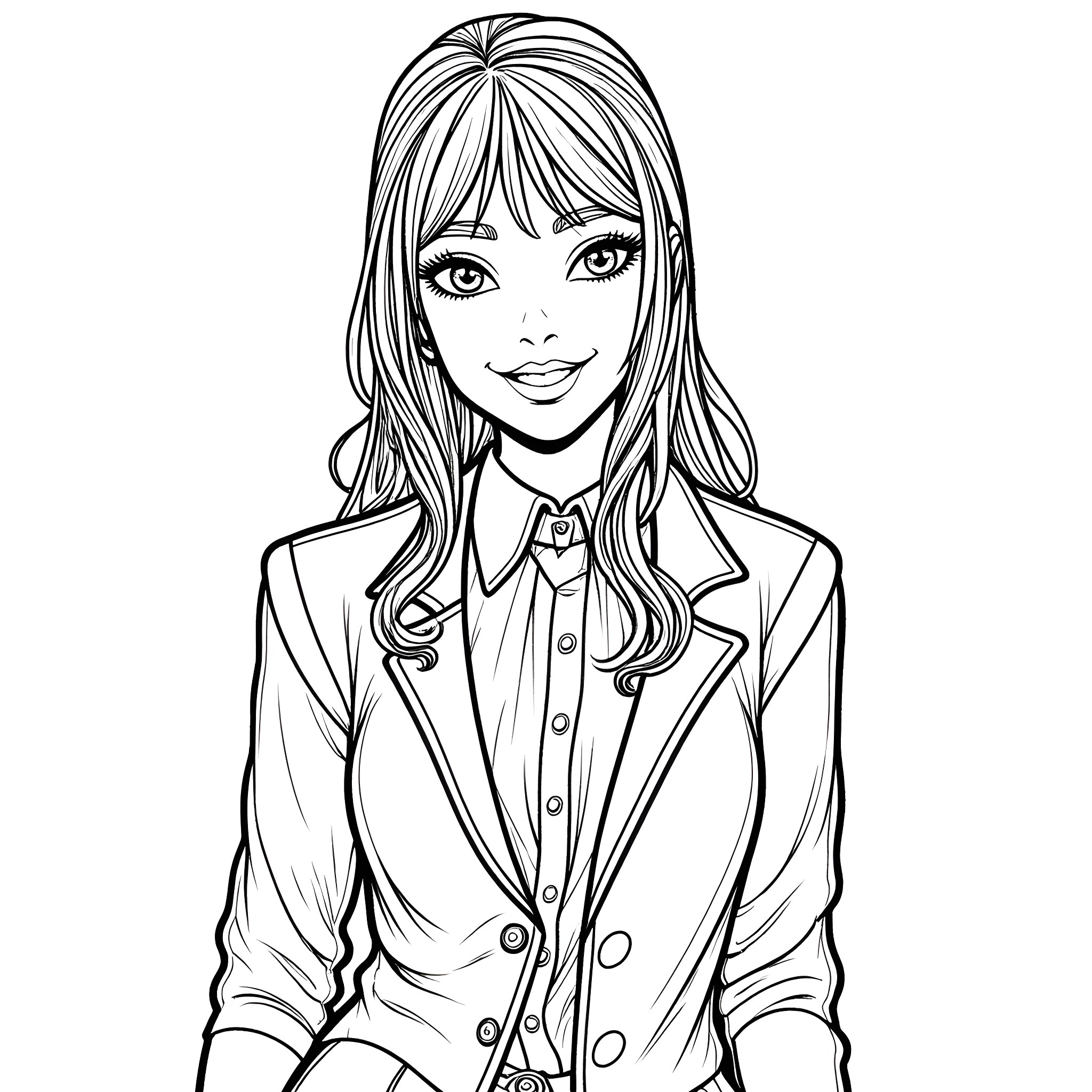 Goth Girlfriend's Formal Attire Coloring Page (free black-and-white line drawing printable PDF for all, from beginners to advanced learners, including children, teens, adults, and seniors)