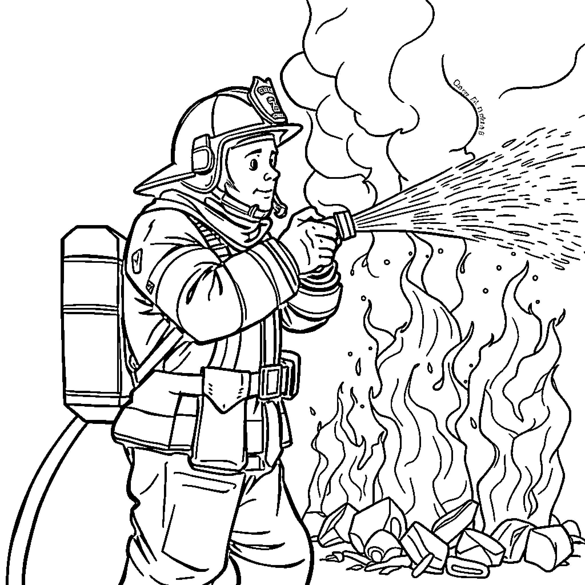 Firefighter Battling Blaze with Determination Coloring Page (free black-and-white line drawing printable PDF for all, from beginners to advanced learners, including children, teens, adults, and seniors)