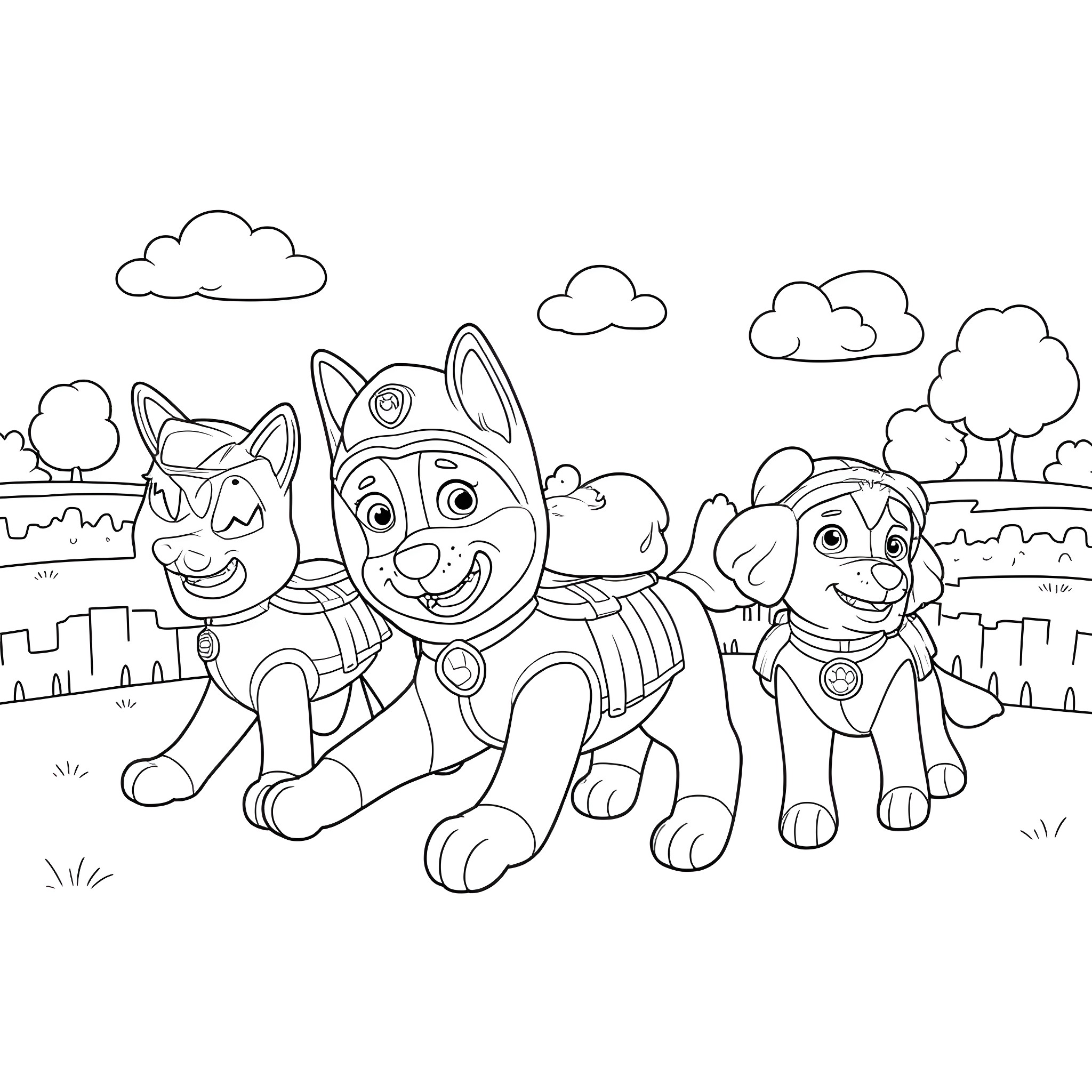 Paw Patrol puppies on an adventure Coloring Page (free black-and-white line drawing printable PDF for all, from beginners to advanced learners, including children, teens, adults, and seniors)