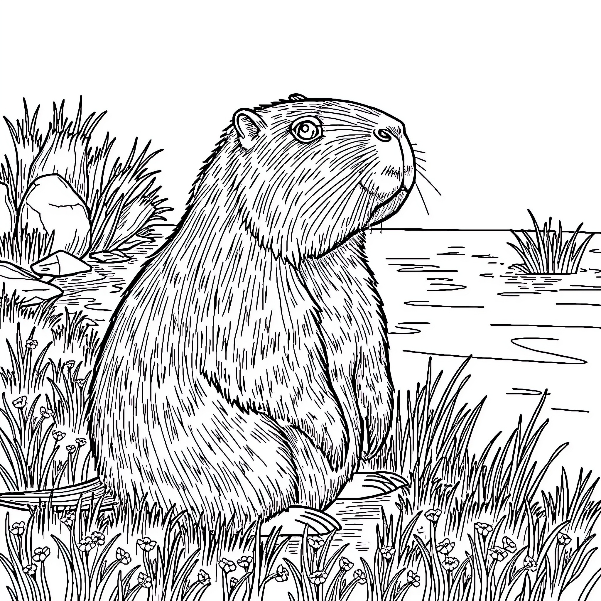 Capybara enjoying serene natural surroundings Coloring Page (free black-and-white line drawing printable PDF for all, from beginners to advanced learners, including children, teens, adults, and seniors)