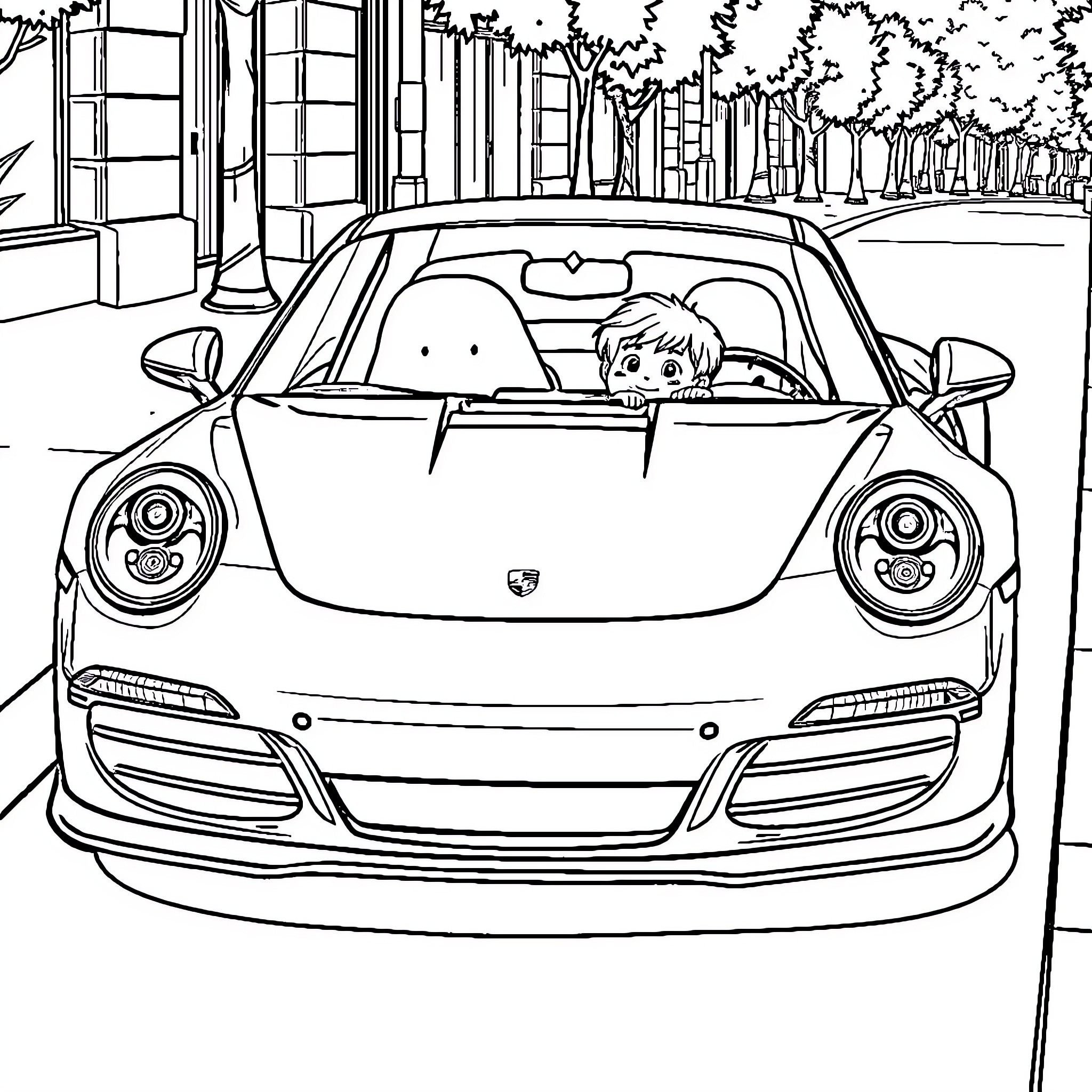Porsche sports car driven by a young person Coloring Page (free black-and-white line drawing printable PDF for all, from beginners to advanced learners, including children, teens, adults, and seniors)