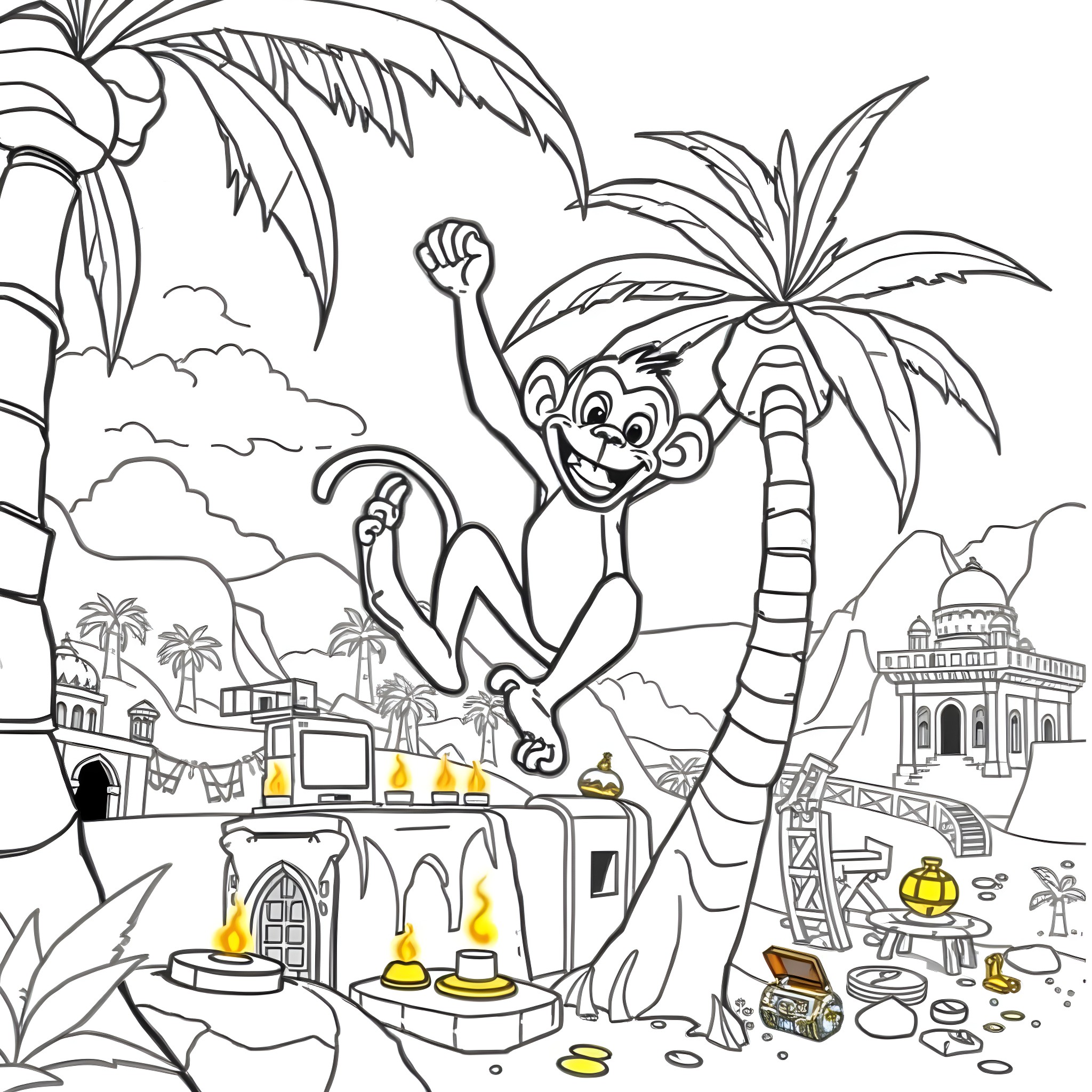 Abu the Monkey Exploring a Colorful Arabian Landscape Coloring Page (free black-and-white line drawing printable PDF for all, from beginners to advanced learners, including children, teens, adults, and seniors)