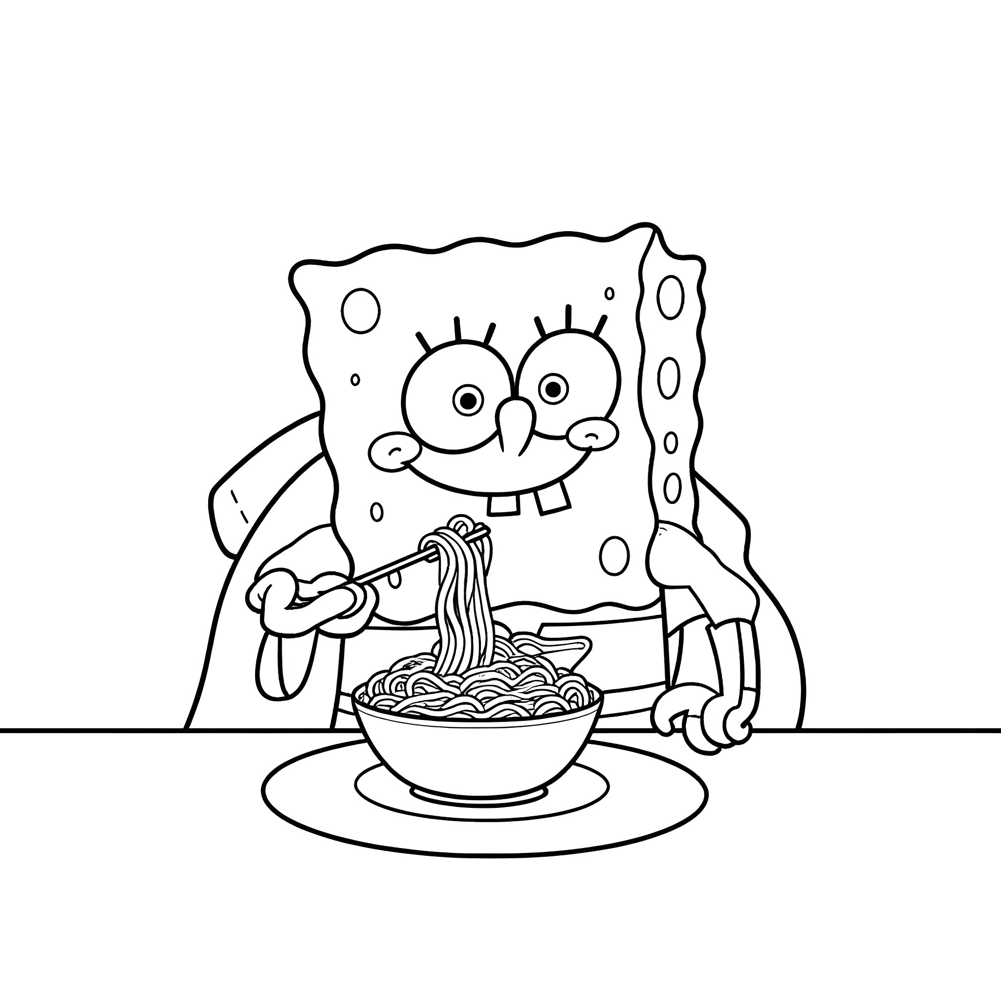 Spongebob enjoys spaghetti with enthusiasm Coloring Page (free black-and-white line drawing printable PDF for all, from beginners to advanced learners, including children, teens, adults, and seniors)