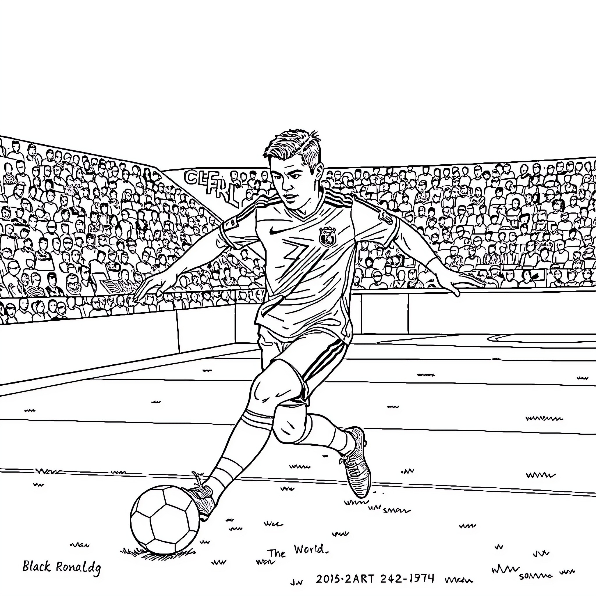 Ronaldo excelling on the soccer field with crowd in background Coloring Page (free black-and-white line drawing printable PDF for all, from beginners to advanced learners, including children, teens, adults, and seniors)
