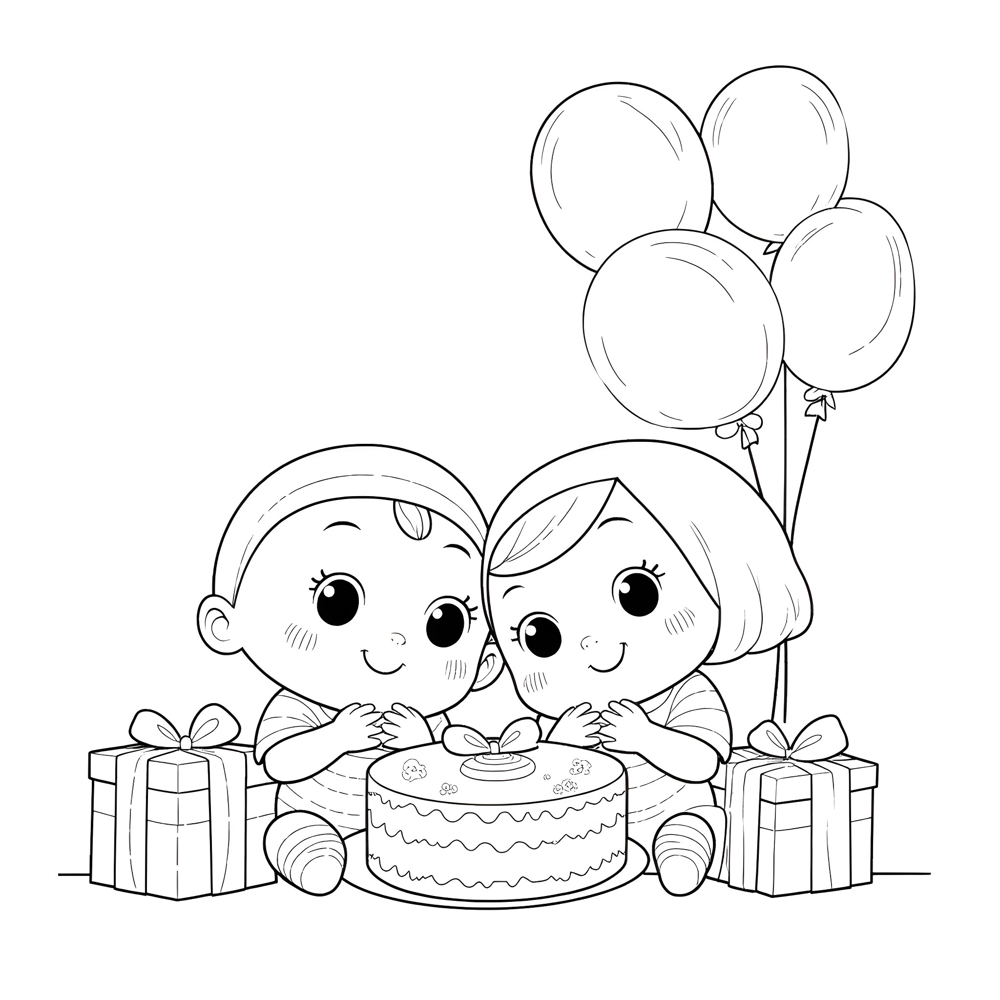 Twin toddlers celebrating birthday with cake and balloons Coloring Page (free black-and-white line drawing printable PDF for all, from beginners to advanced learners, including children, teens, adults, and seniors)