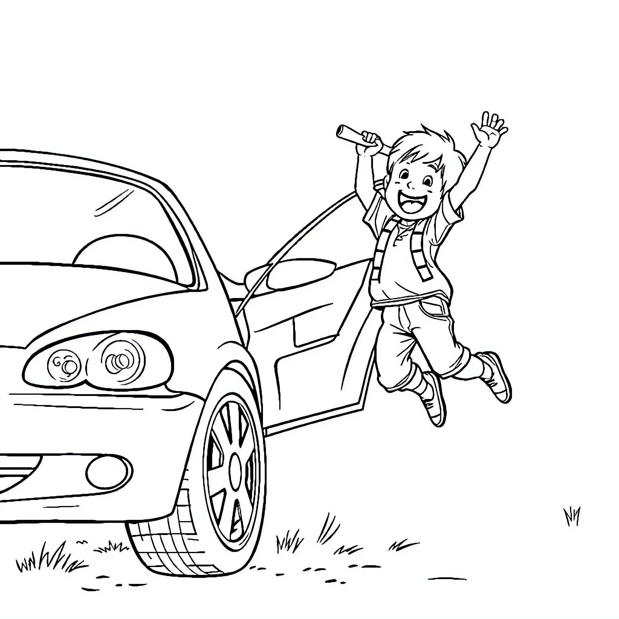 Boy happily jumping near sports car Coloring Page (free black-and-white line drawing printable PDF for all, from beginners to advanced learners, including children, teens, adults, and seniors)