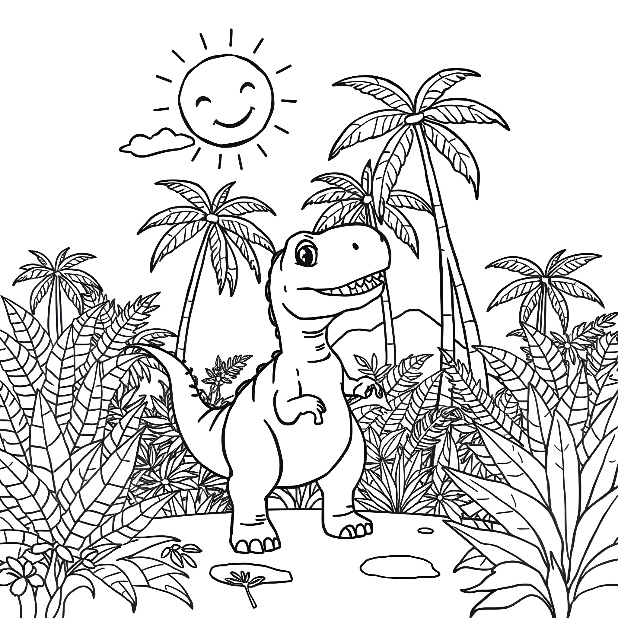 Dinosaur exploring a tropical island paradise Coloring Page (free black-and-white line drawing printable PDF for all, from beginners to advanced learners, including children, teens, adults, and seniors)