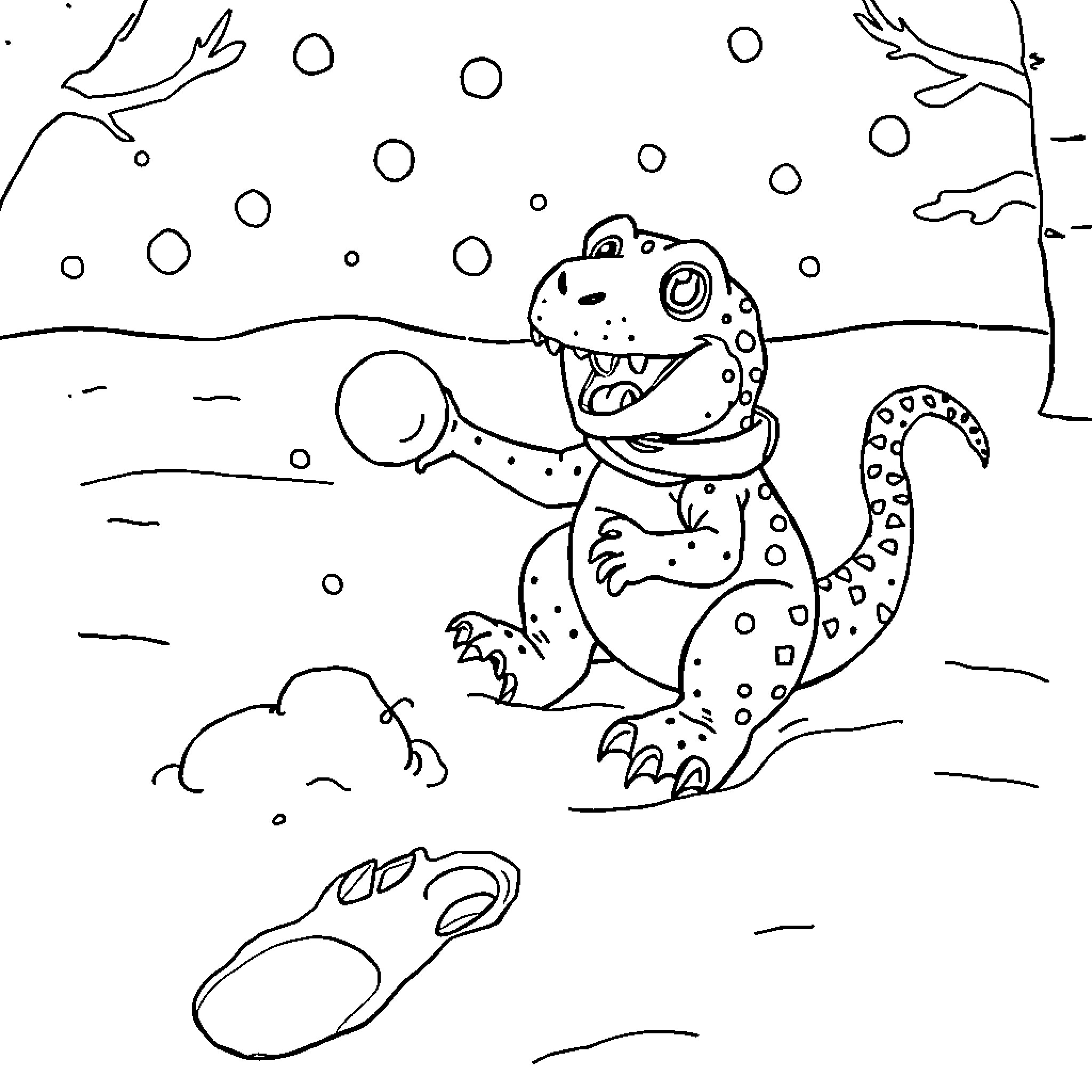 Huntrex Dinosaur Playing in Snowy Landscape Coloring Page (free black-and-white line drawing printable PDF for all, from beginners to advanced learners, including children, teens, adults, and seniors)