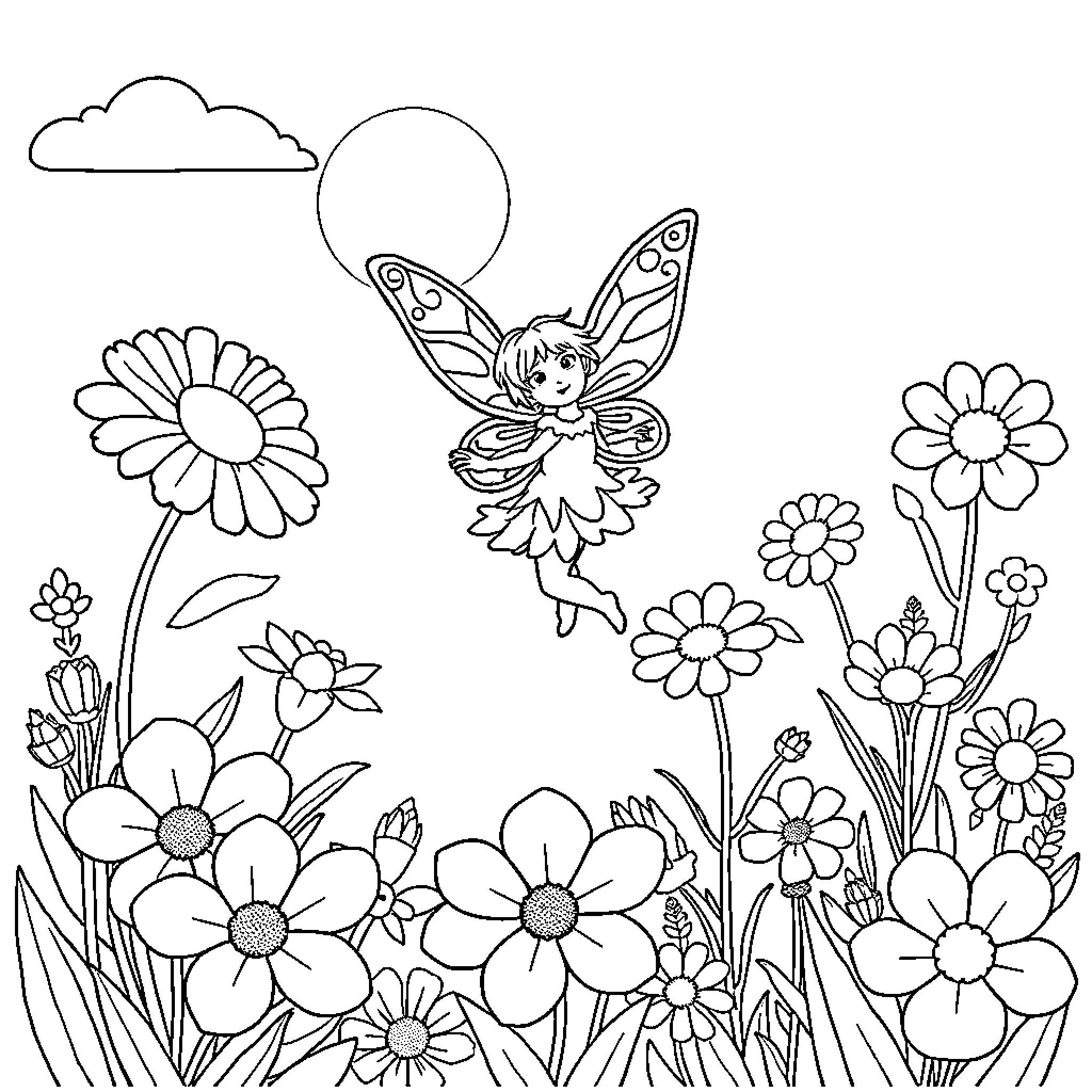 Fairy dancing gracefully among blooming flowers Coloring Page (free black-and-white line drawing printable PDF for all, from beginners to advanced learners, including children, teens, adults, and seniors)