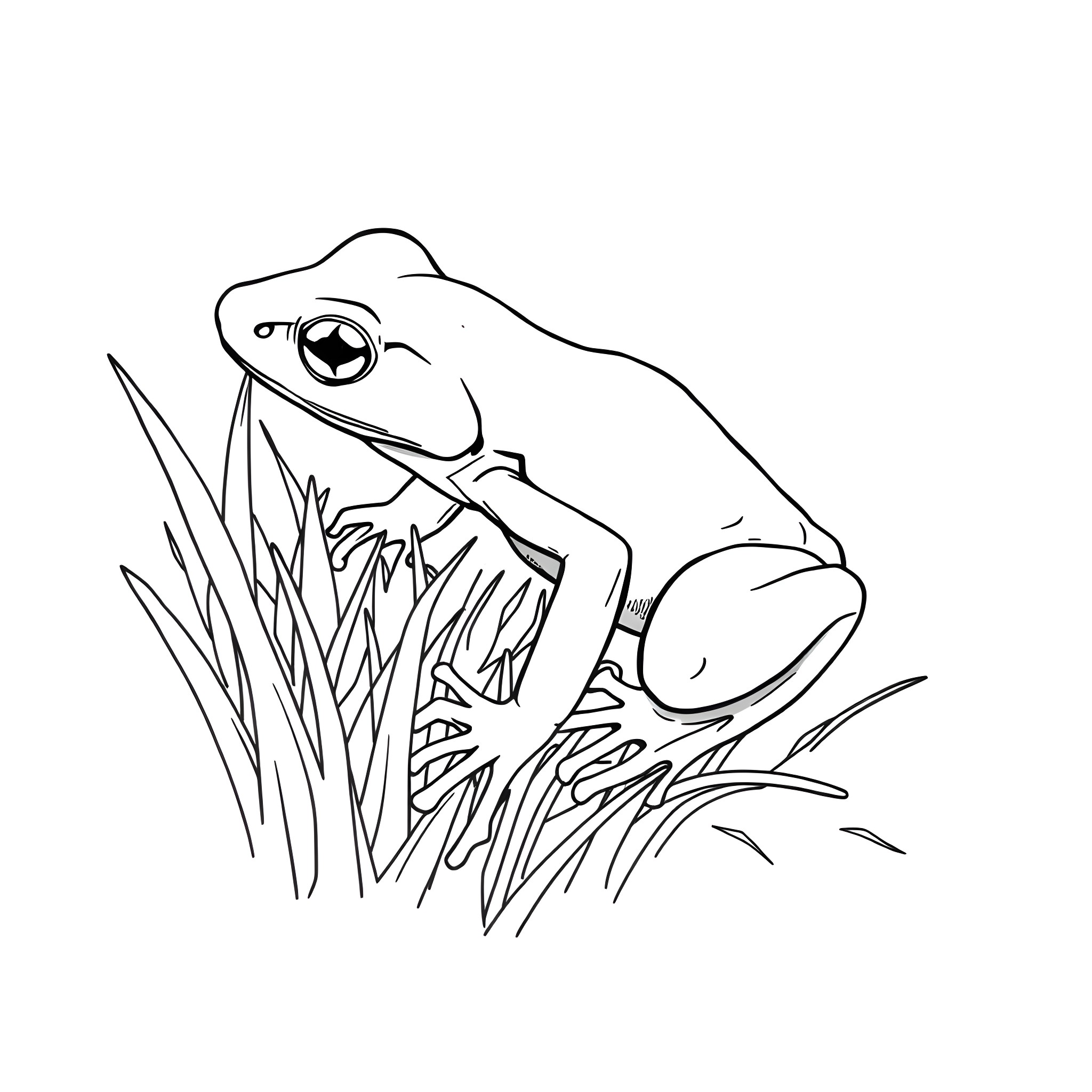 Poison Frog resting in the grass Coloring Page (free black-and-white line drawing printable PDF for all, from beginners to advanced learners, including children, teens, adults, and seniors)