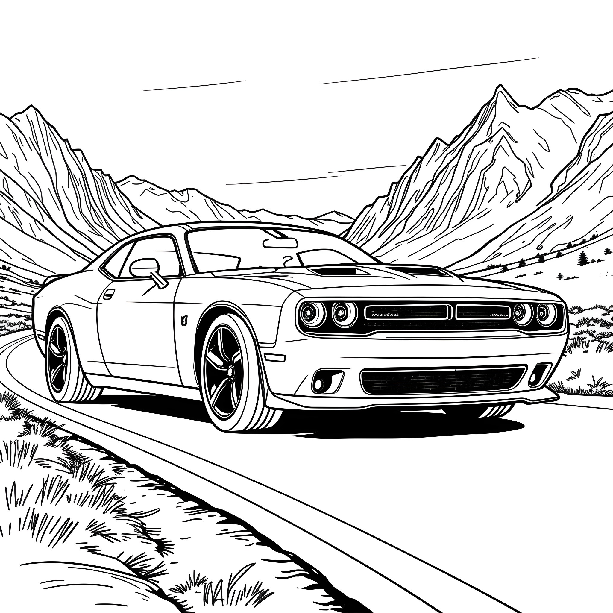 Dodge Charger speeding through scenic mountain landscape Coloring Page (free black-and-white line drawing printable PDF for all, from beginners to advanced learners, including children, teens, adults, and seniors)