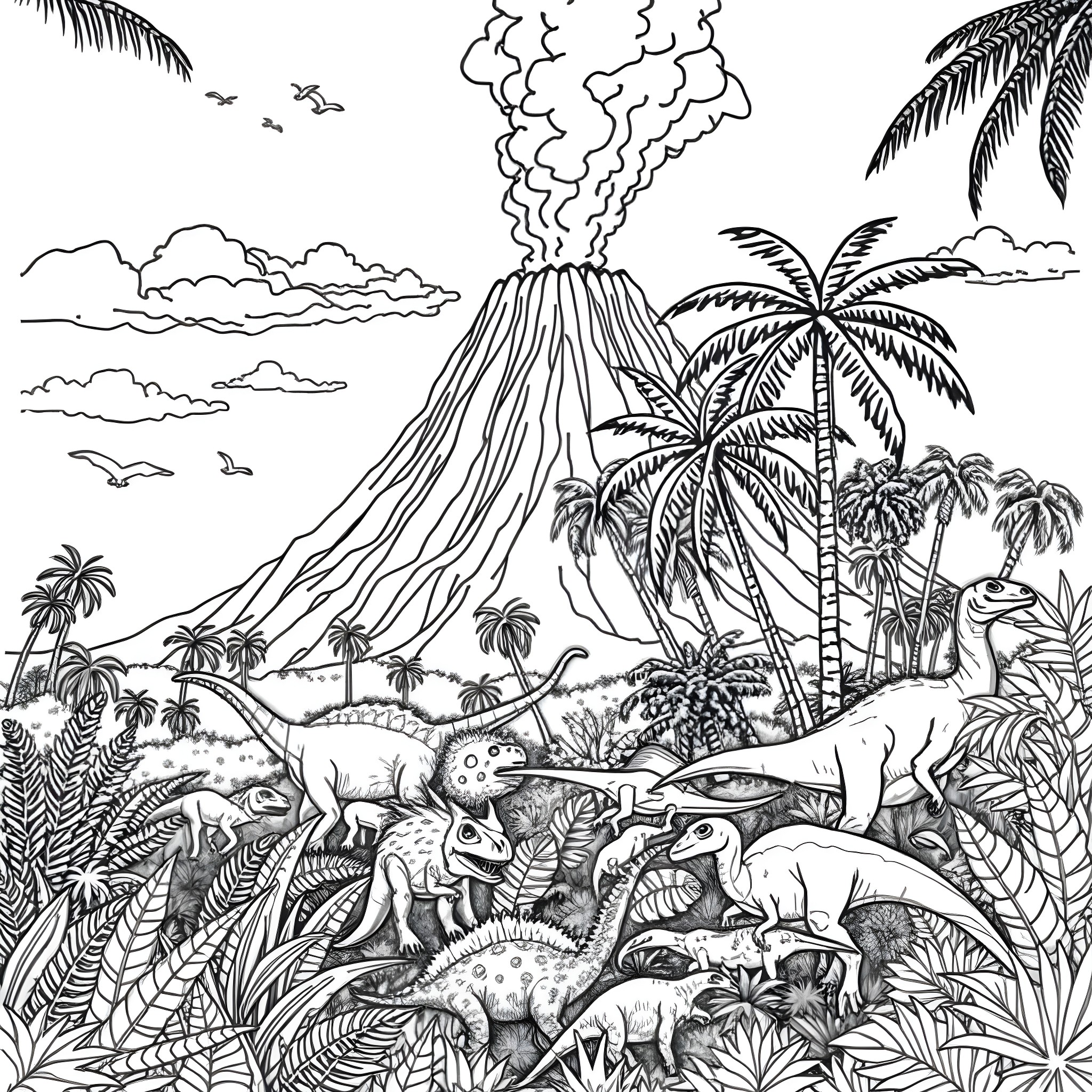 Dinosaurs roaming in prehistoric jungle landscape Coloring Page (free black-and-white line drawing printable PDF for all, from beginners to advanced learners, including children, teens, adults, and seniors)