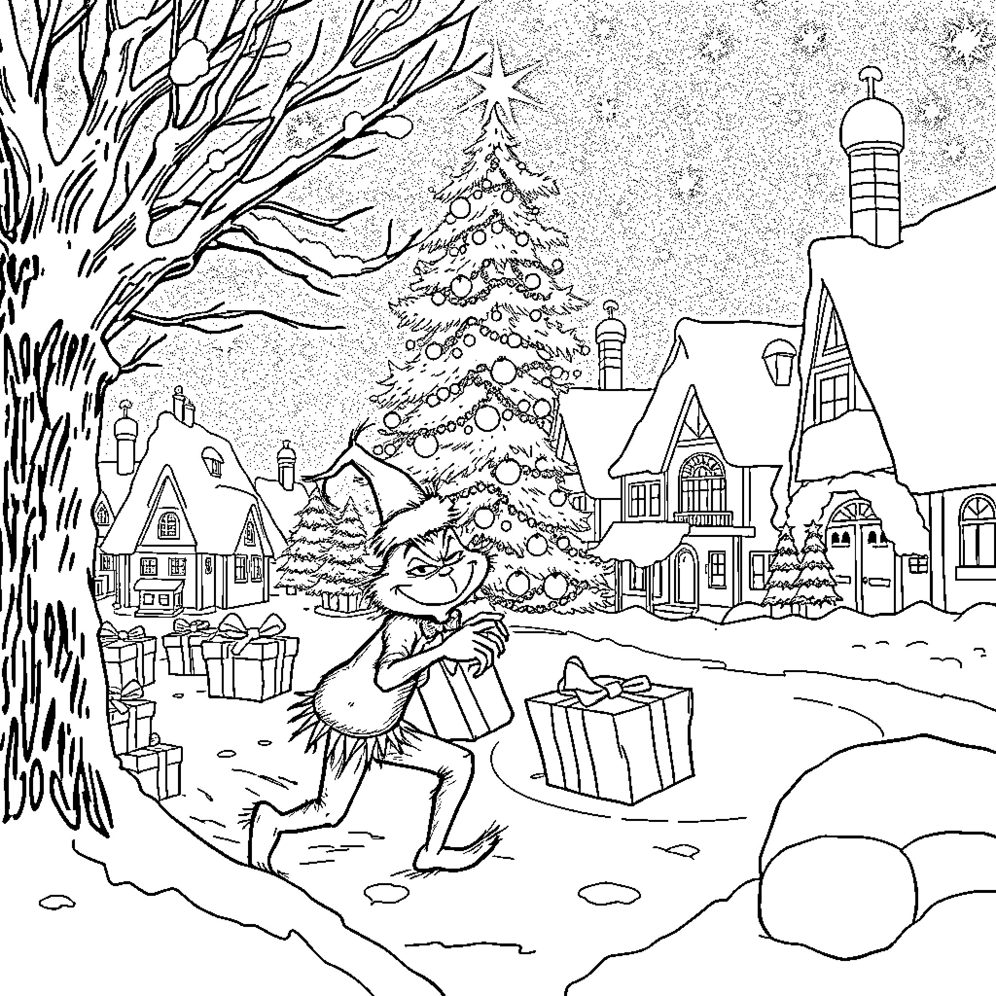 Grinch Delivering Christmas Gifts in a Snowy Town Coloring Page (free black-and-white line drawing printable PDF for all, from beginners to advanced learners, including children, teens, adults, and seniors)