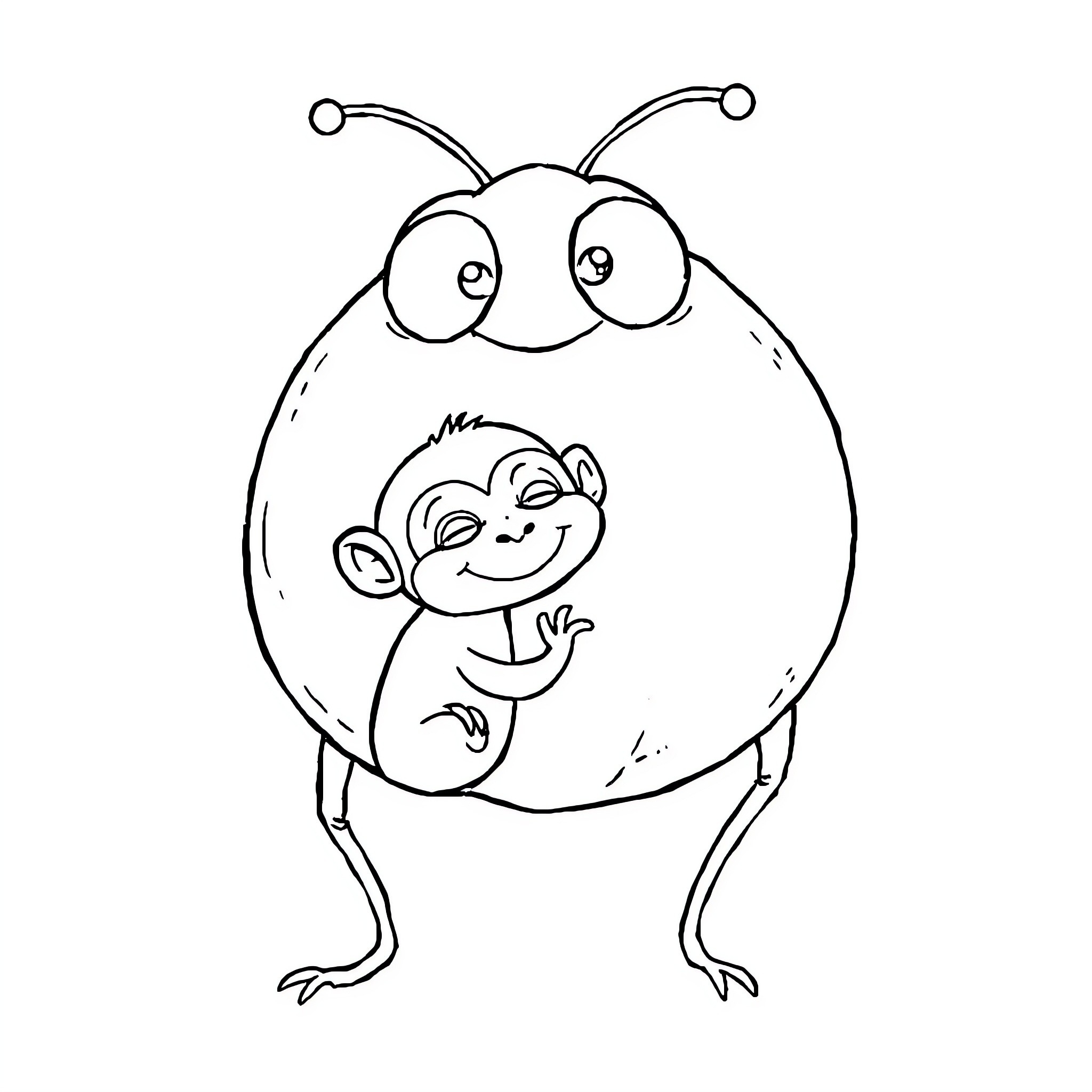 Pumpkin-shaped creature with a baby monkey inside Coloring Page (free black-and-white line drawing printable PDF for all, from beginners to advanced learners, including children, teens, adults, and seniors)