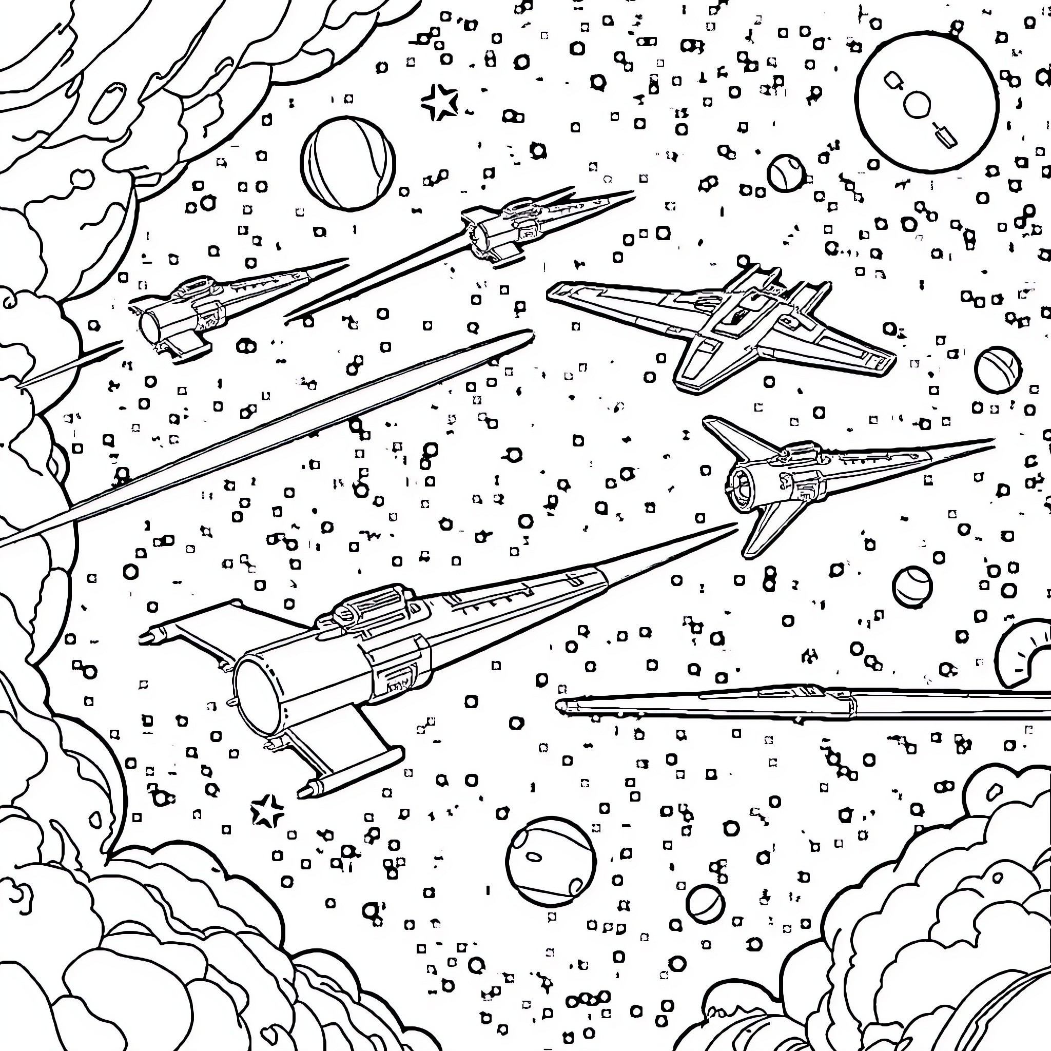 Spaceship fleet navigating the cosmic expanse Coloring Page (free black-and-white line drawing printable PDF for all, from beginners to advanced learners, including children, teens, adults, and seniors)