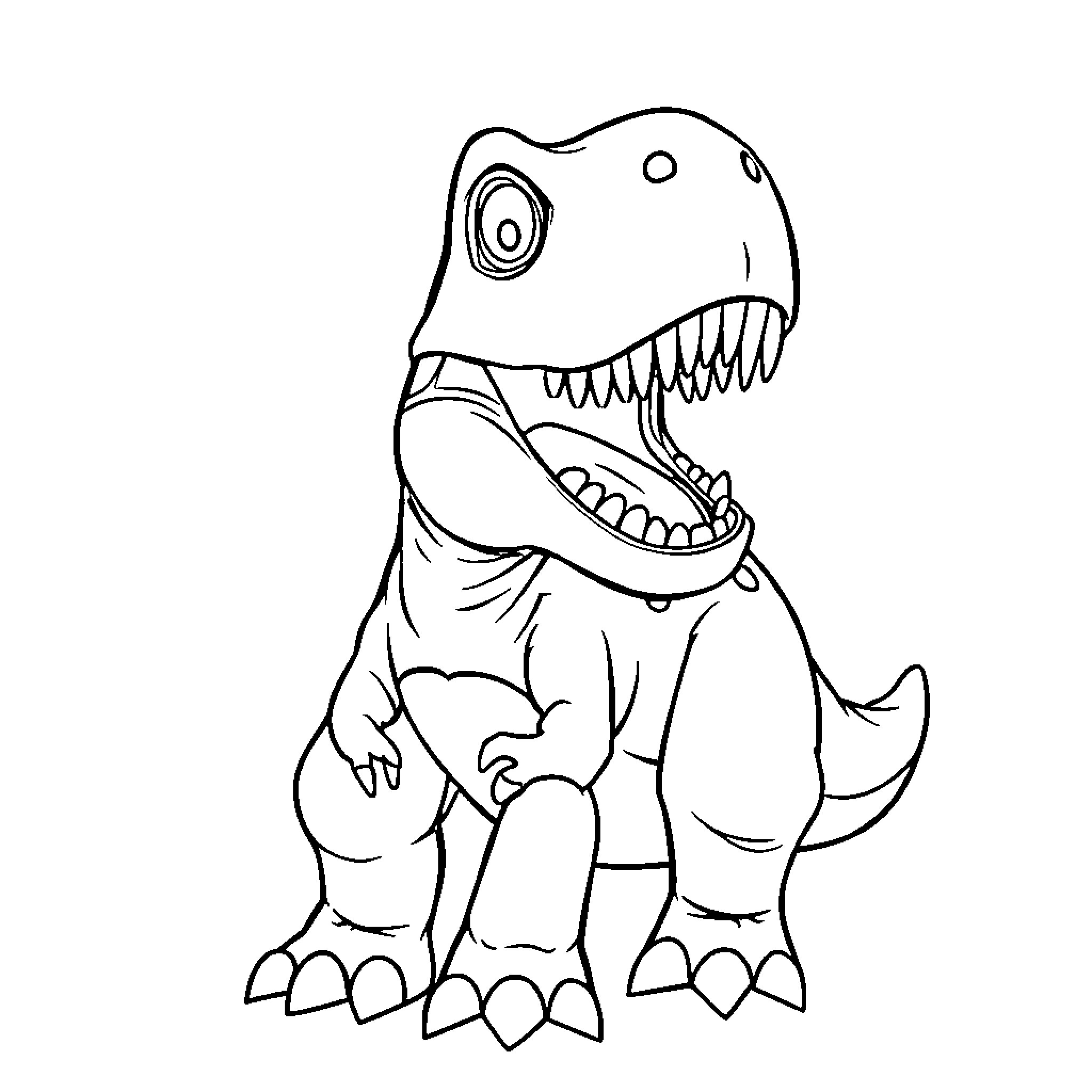 Rex the Ferocious Dinosaur Roaring Coloring Page (free black-and-white line drawing printable PDF for all, from beginners to advanced learners, including children, teens, adults, and seniors)