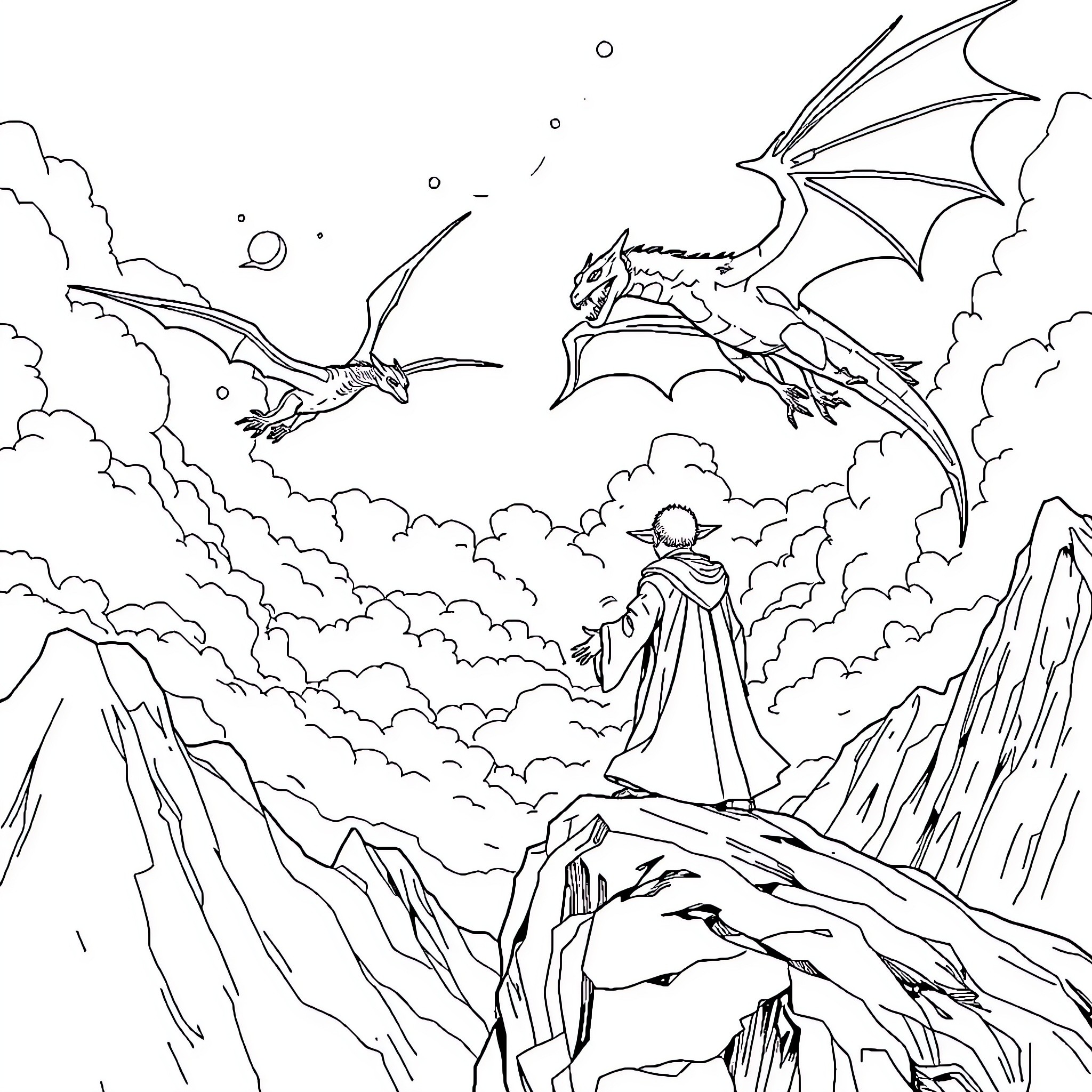 Dragon soaring through the cloudy skies above a lone figure Coloring Page (free black-and-white line drawing printable PDF for all, from beginners to advanced learners, including children, teens, adults, and seniors)