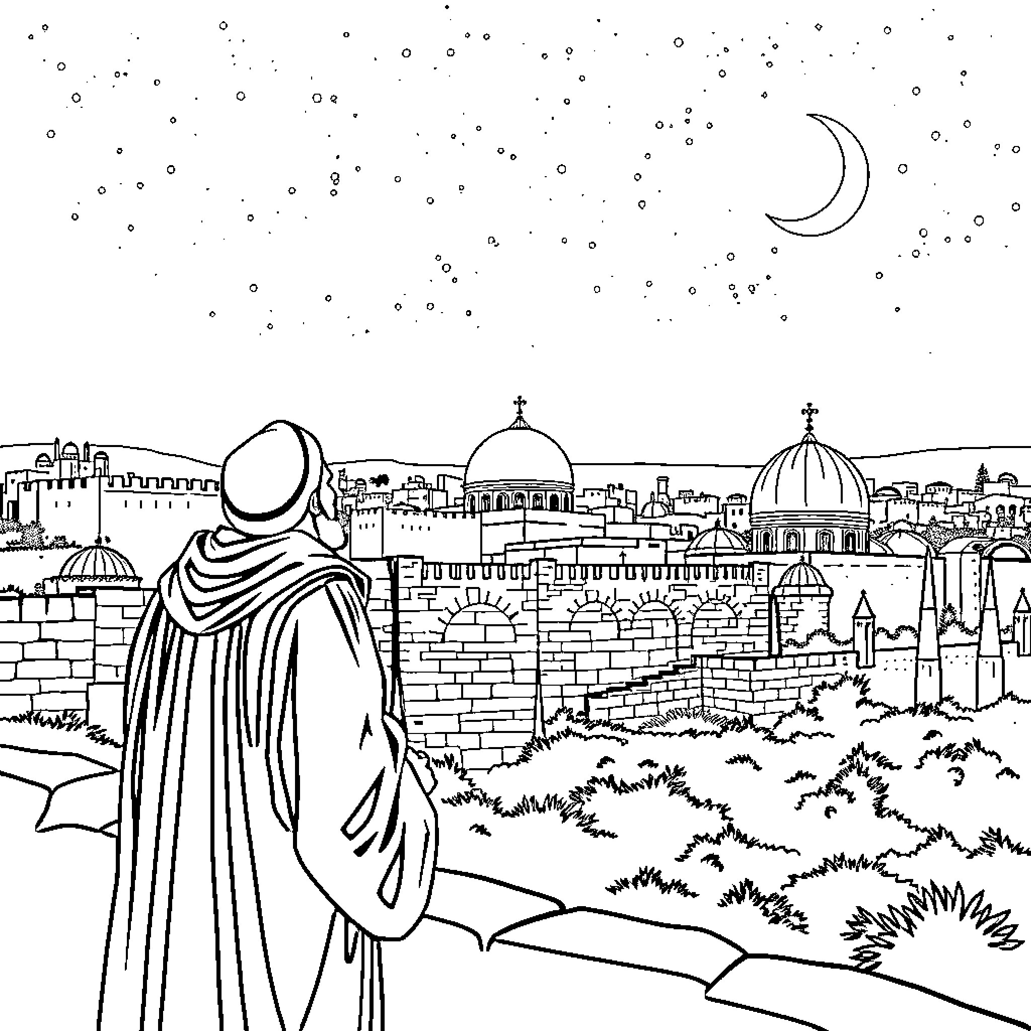 Nehemiah Surveys the Ruins of Jerusalem Coloring Page (free black-and-white line drawing printable PDF for all, from beginners to advanced learners, including children, teens, adults, and seniors)