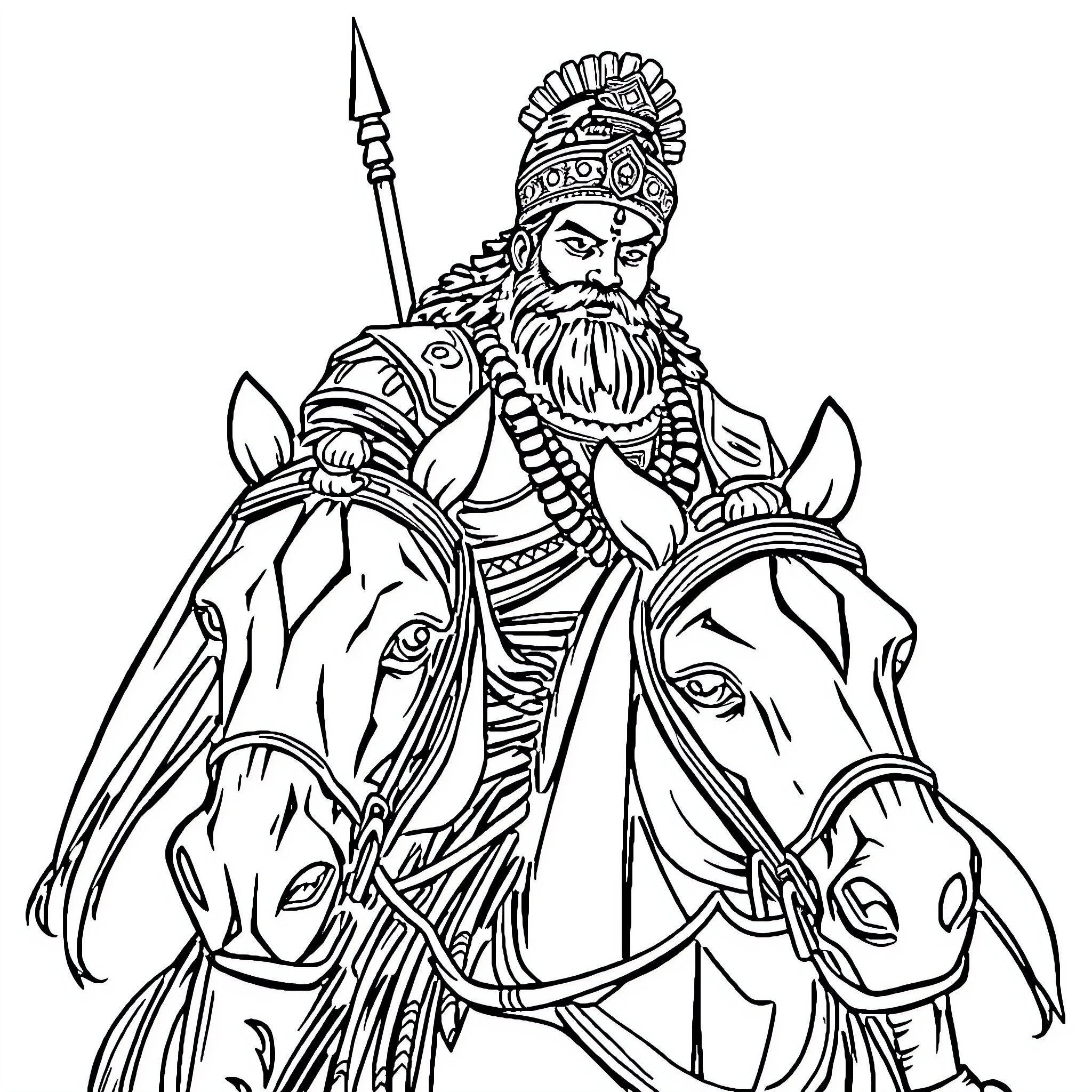 Shivaji Maharaj on Horseback in Regal Attire Coloring Page (free black-and-white line drawing printable PDF for all, from beginners to advanced learners, including children, teens, adults, and seniors)