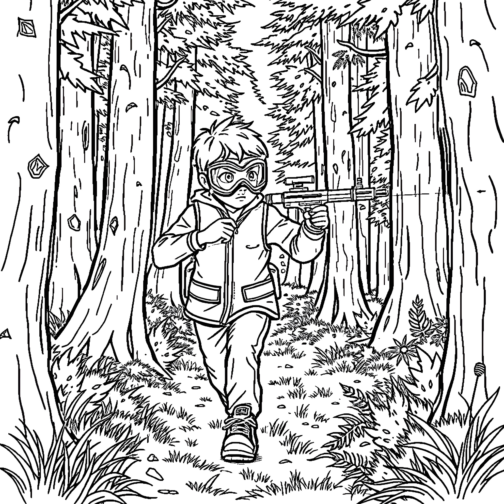 Boy Exploring the Wondrous Forest Coloring Page (free black-and-white line drawing printable PDF for all, from beginners to advanced learners, including children, teens, adults, and seniors)