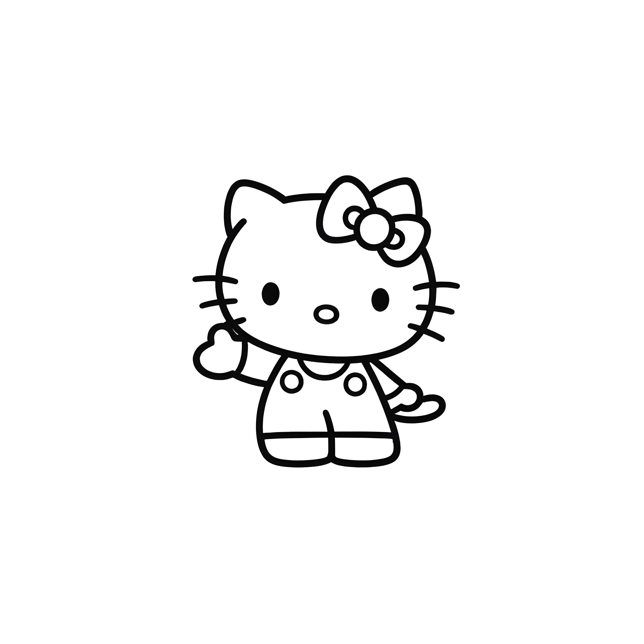 Kitty with bow waving hello Coloring Page (free black-and-white line drawing printable PDF for all, from beginners to advanced learners, including children, teens, adults, and seniors)