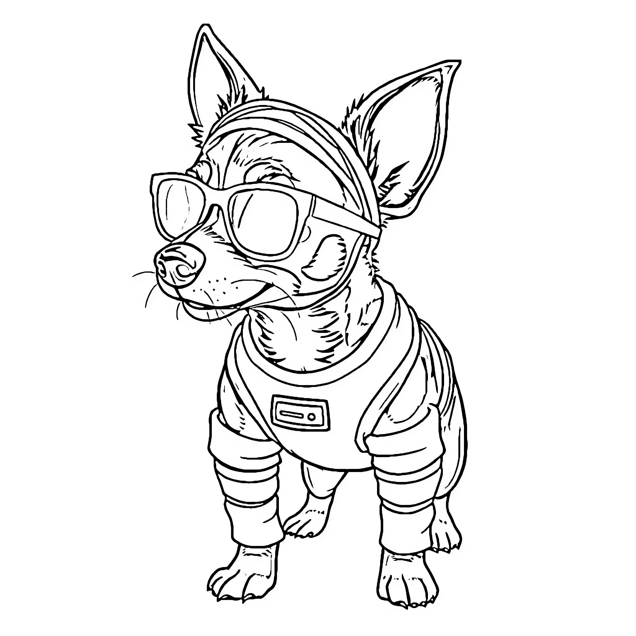 Min Pin wearing funky glasses and outfit Coloring Page (free black-and-white line drawing printable PDF for all, from beginners to advanced learners, including children, teens, adults, and seniors)