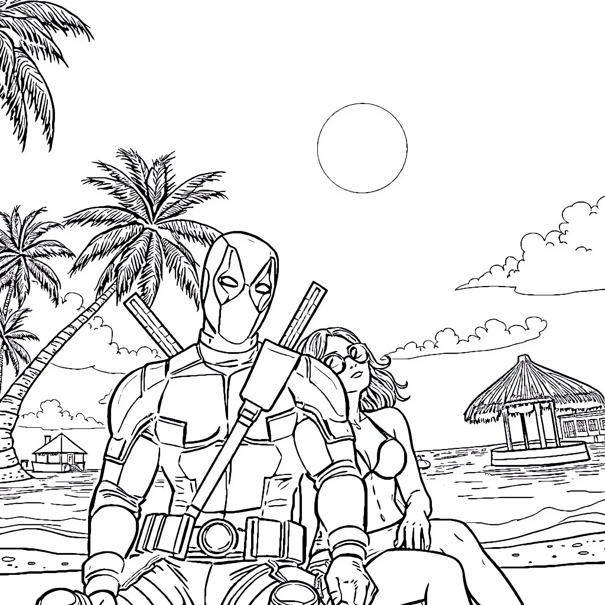 Deadpool lounging on a tropical beach Coloring Page (free black-and-white line drawing printable PDF for all, from beginners to advanced learners, including children, teens, adults, and seniors)