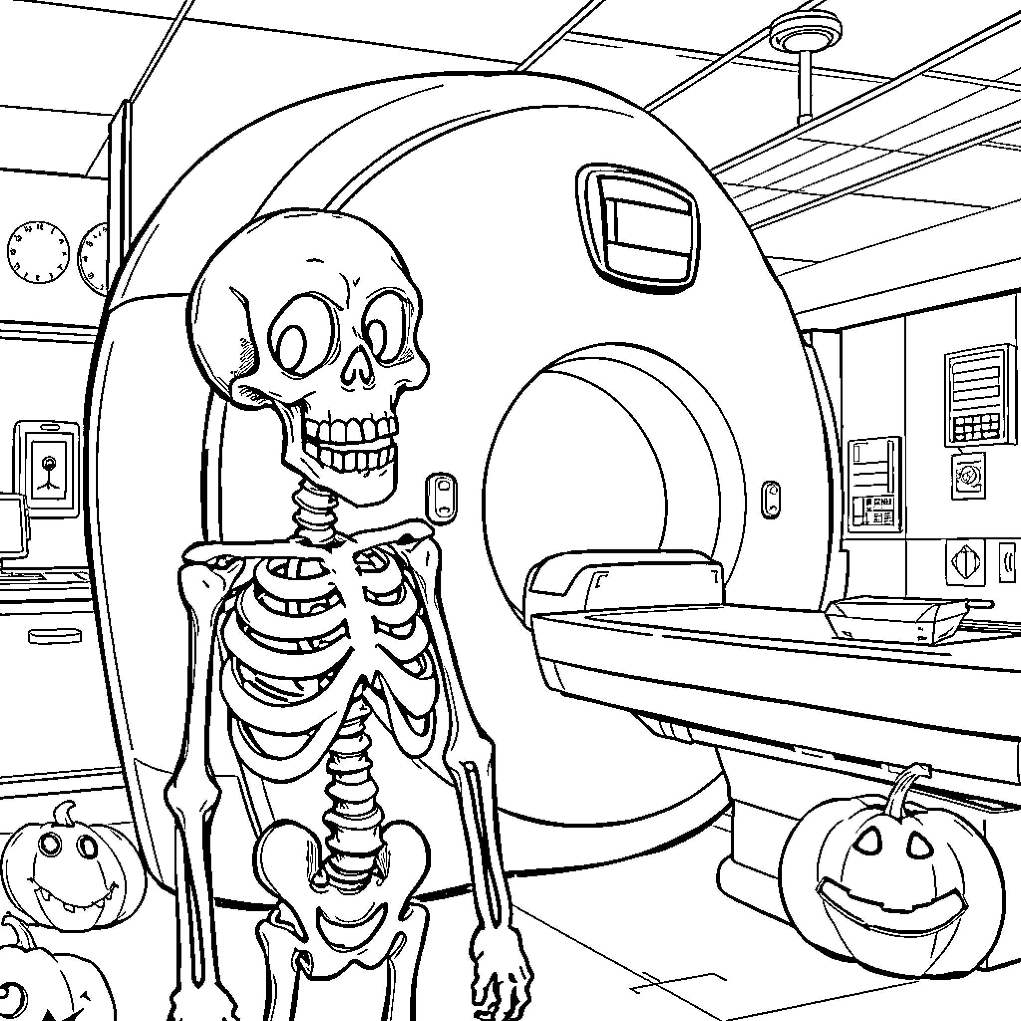 Skeleton exploring a medical facility Coloring Page (free black-and-white line drawing printable PDF for all, from beginners to advanced learners, including children, teens, adults, and seniors)