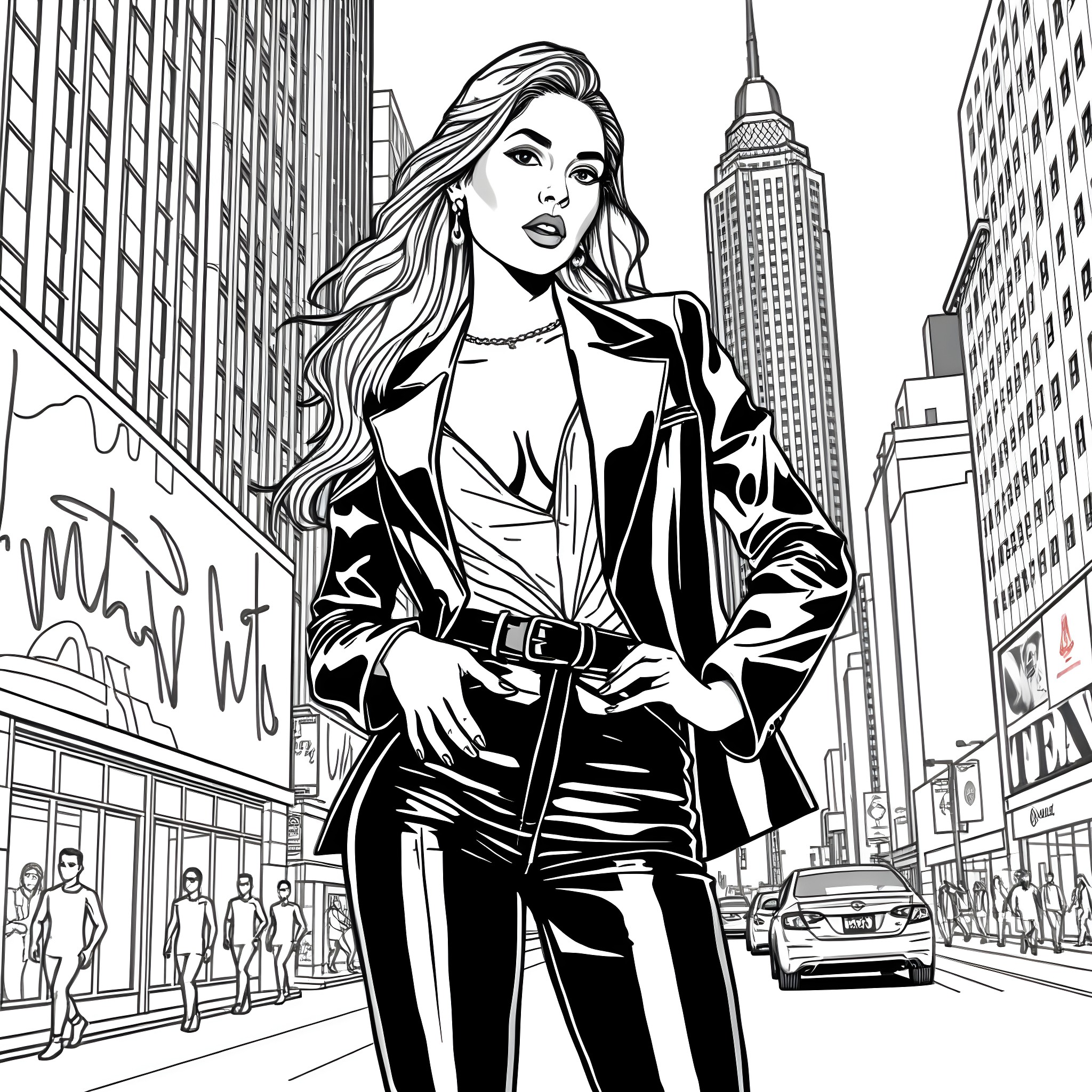 Megan Fox in a stylish urban scene Coloring Page (free black-and-white line drawing printable PDF for all, from beginners to advanced learners, including children, teens, adults, and seniors)