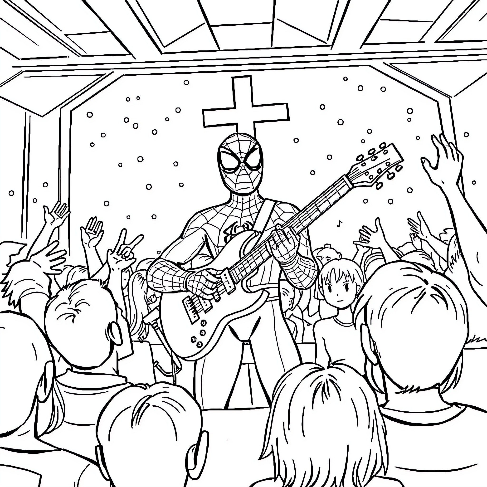 Spiderman Performing Live for Adoring Fans Coloring Page (free black-and-white line drawing printable PDF for all, from beginners to advanced learners, including children, teens, adults, and seniors)