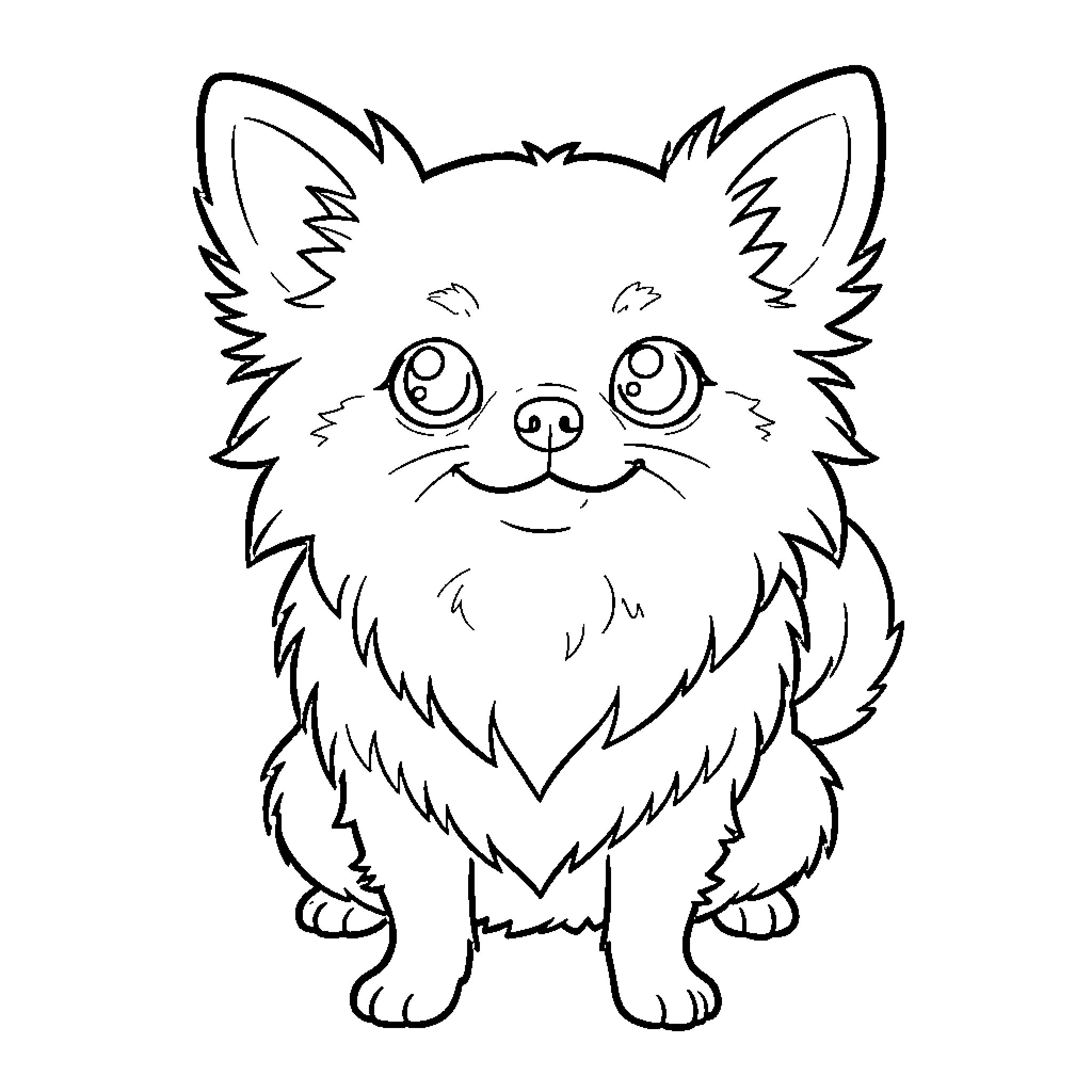 Pomeranian Chihuahua smiling happily Coloring Page (free black-and-white line drawing printable PDF for all, from beginners to advanced learners, including children, teens, adults, and seniors)