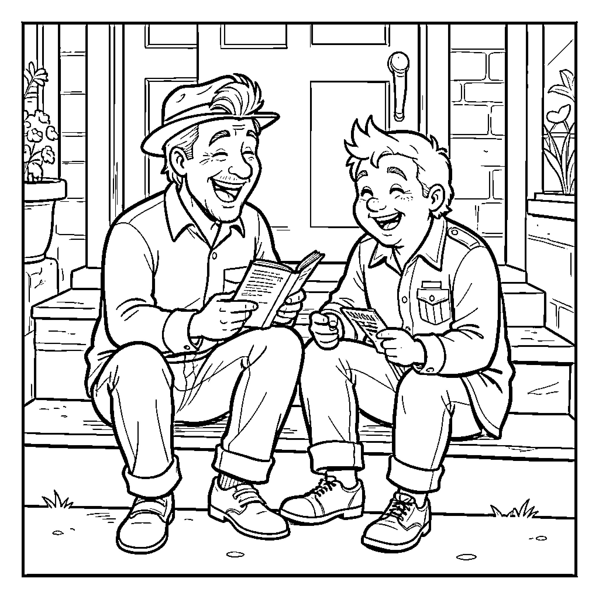 Jack Kelly laughing while reading a book with a friend Coloring Page (free black-and-white line drawing printable PDF for all, from beginners to advanced learners, including children, teens, adults, and seniors)
