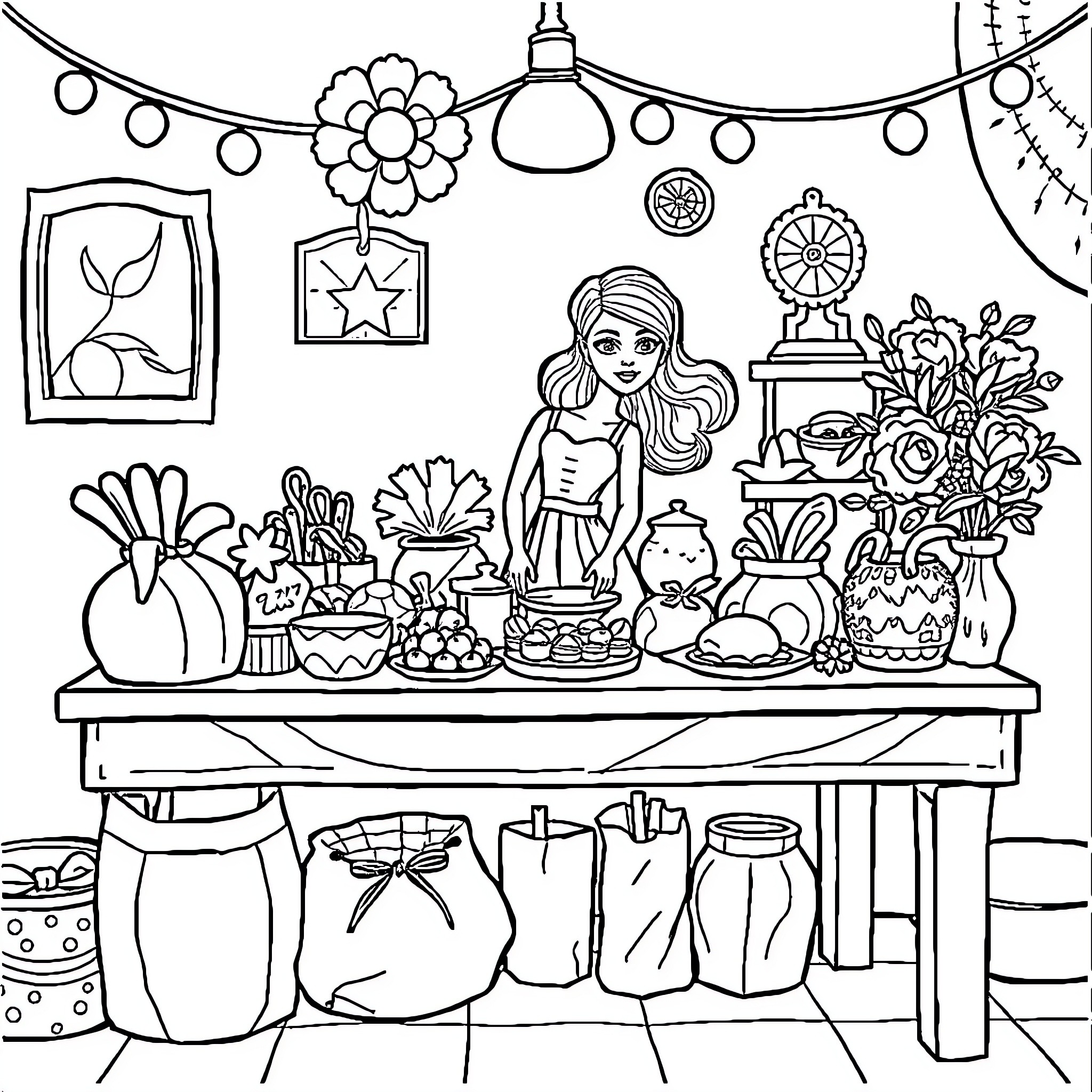 Bobbie's Cozy Craft Corner with Festive Decor Coloring Page (free black-and-white line drawing printable PDF for all, from beginners to advanced learners, including children, teens, adults, and seniors)