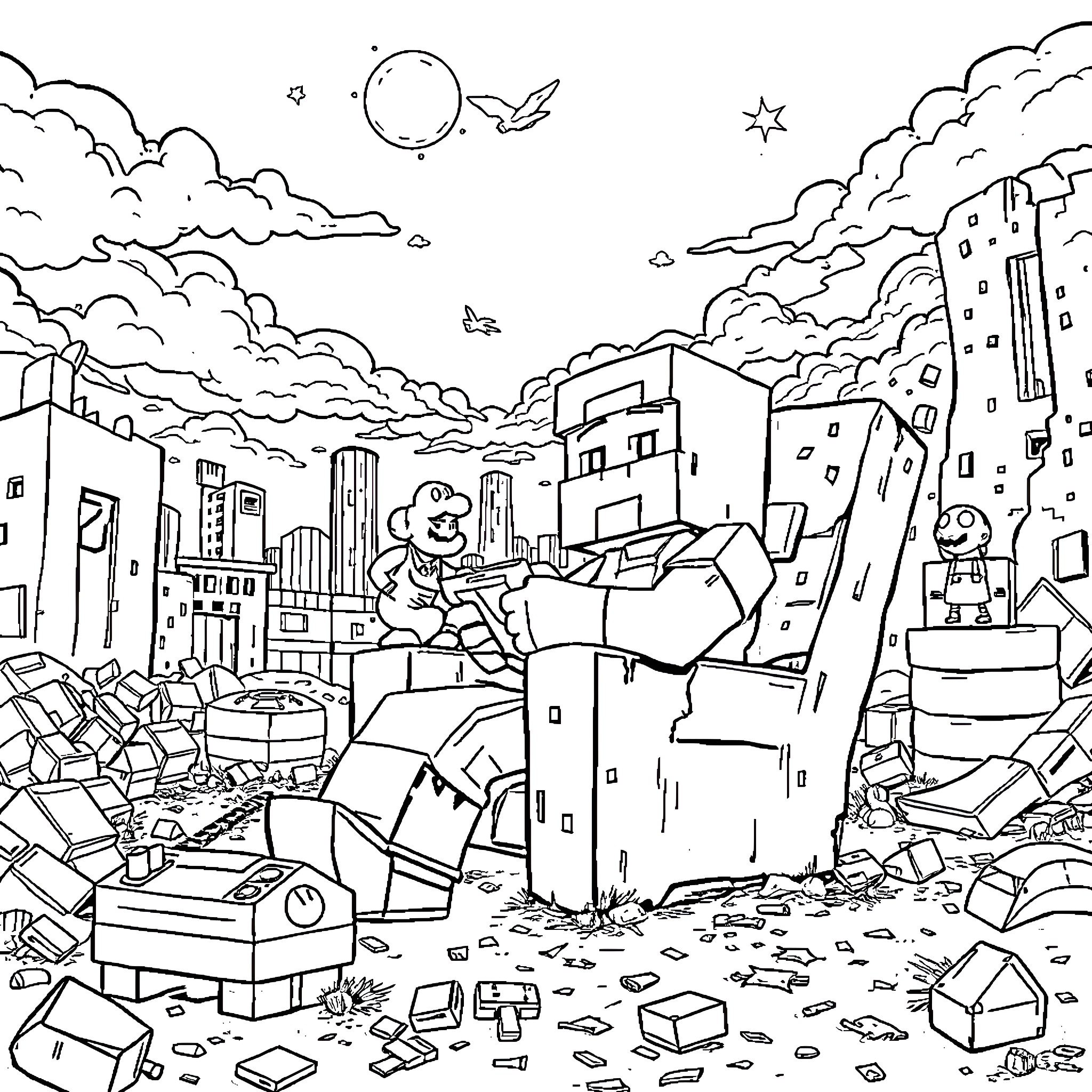 Minecraft Character Navigates Ruinous City Landscape Coloring Page (free black-and-white line drawing printable PDF for all, from beginners to advanced learners, including children, teens, adults, and seniors)