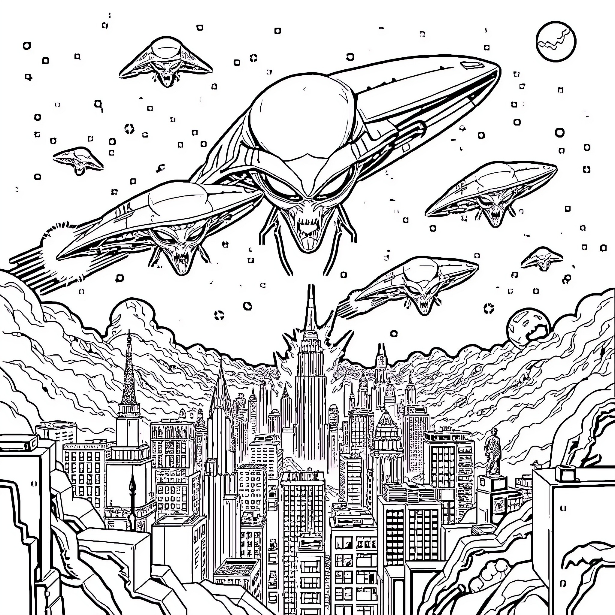 Alien Invasion over Cityscape with Spaceships Coloring Page (free black-and-white line drawing printable PDF for all, from beginners to advanced learners, including children, teens, adults, and seniors)